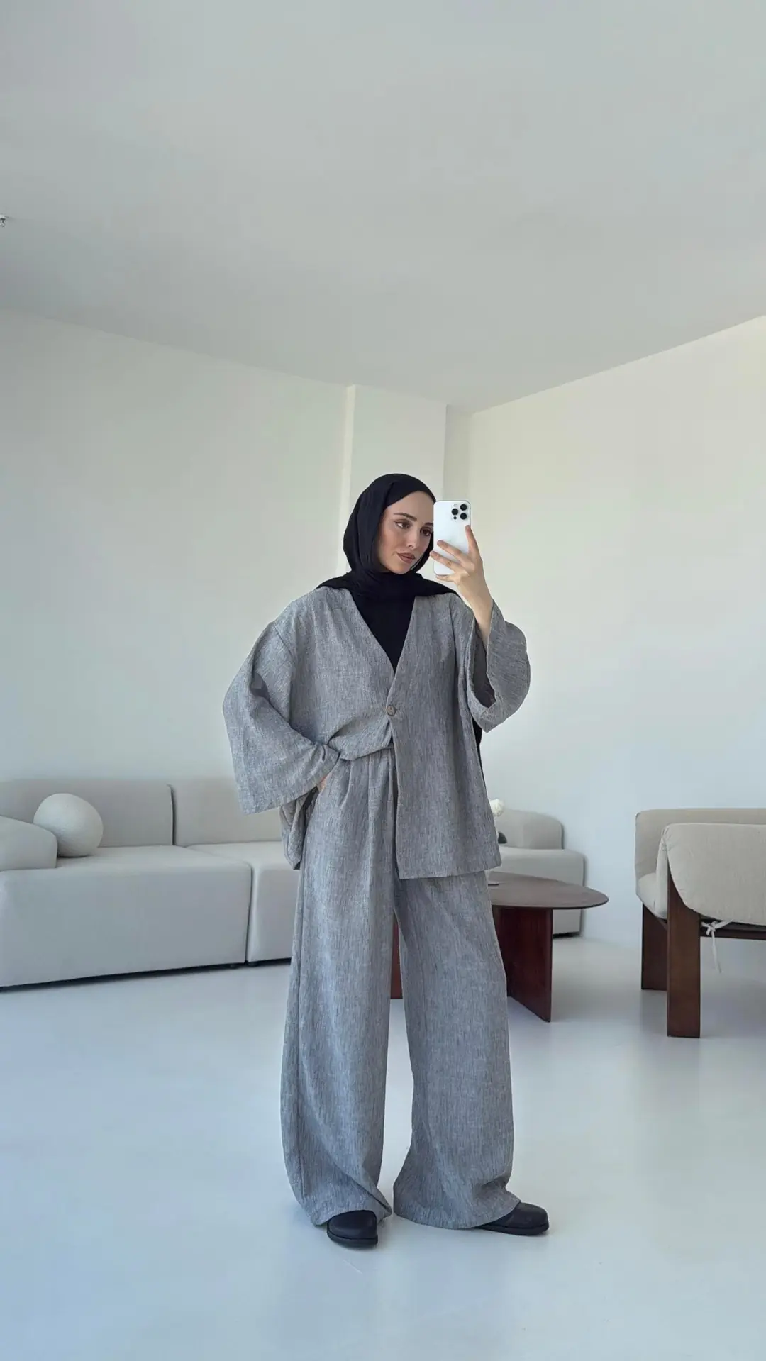 Oversize Tek Dügmeli Keten Takım Gri - Görsel 8