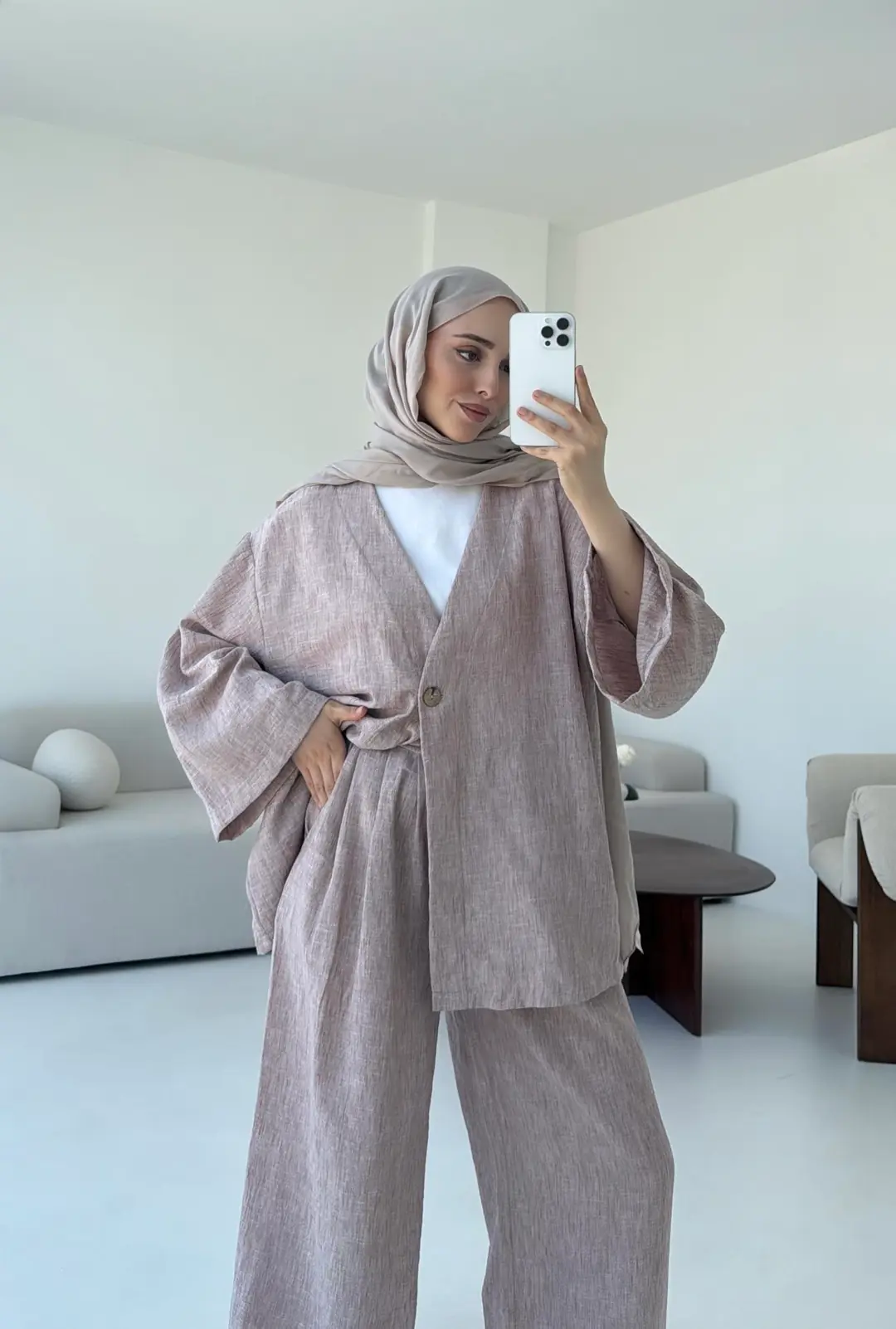 Oversize Tek Dügmeli Keten Takım Gül Kurusu