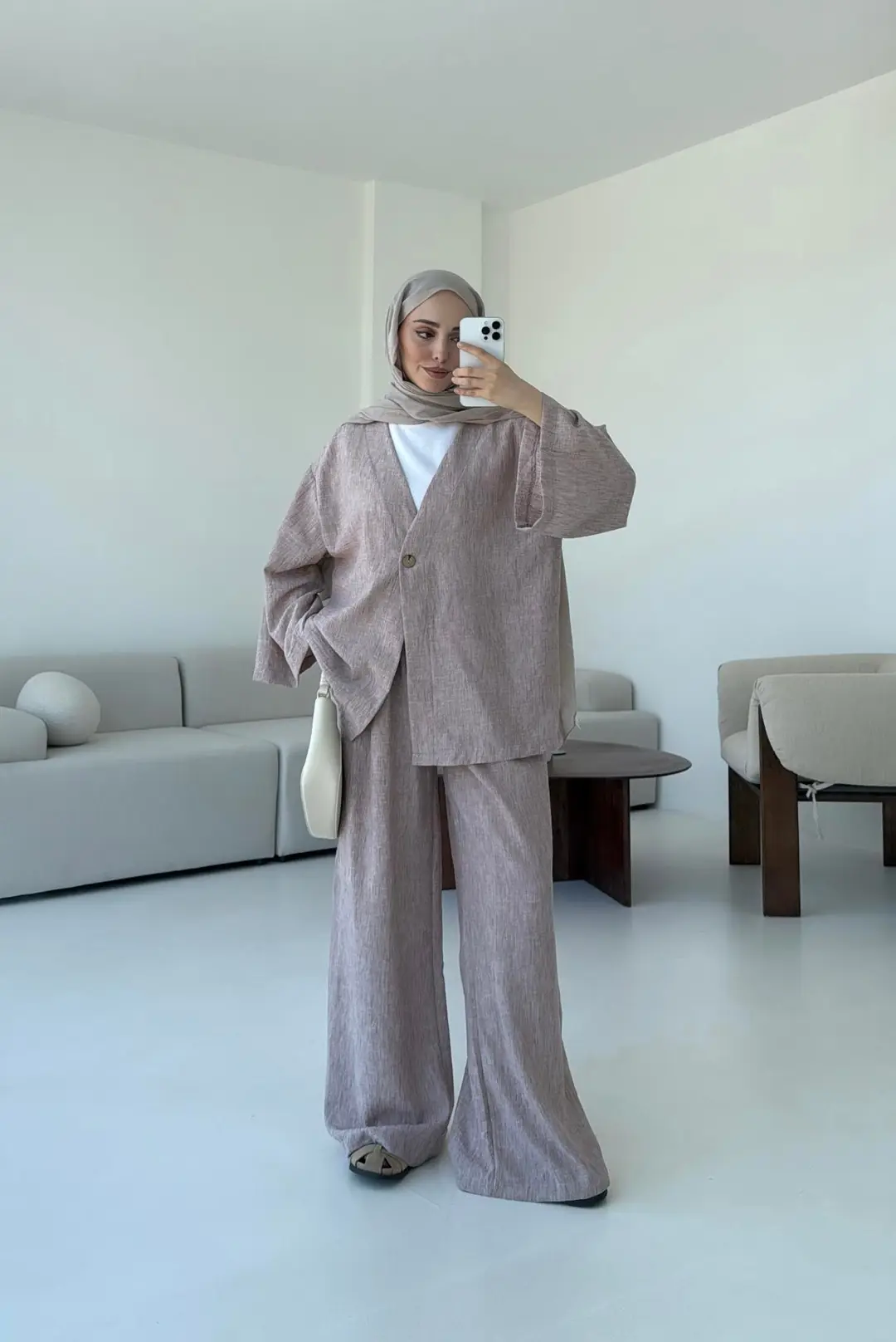 Oversize Tek Dügmeli Keten Takım Gül Kurusu - Görsel 2