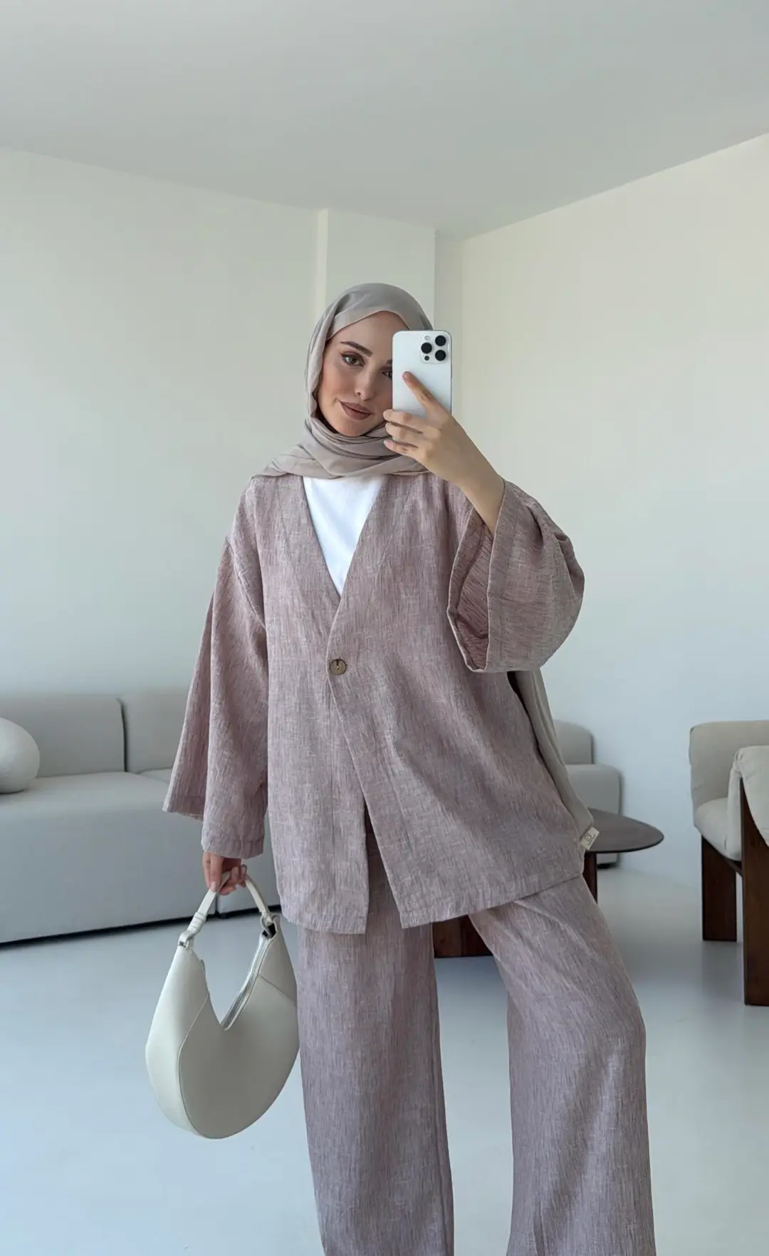 Oversize Tek Dügmeli Keten Takım Gül Kurusu - Görsel 3