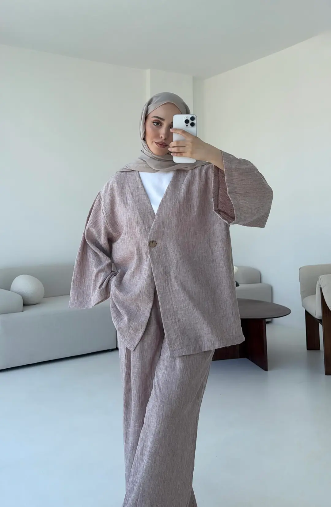 Oversize Tek Dügmeli Keten Takım Gül Kurusu - Görsel 4