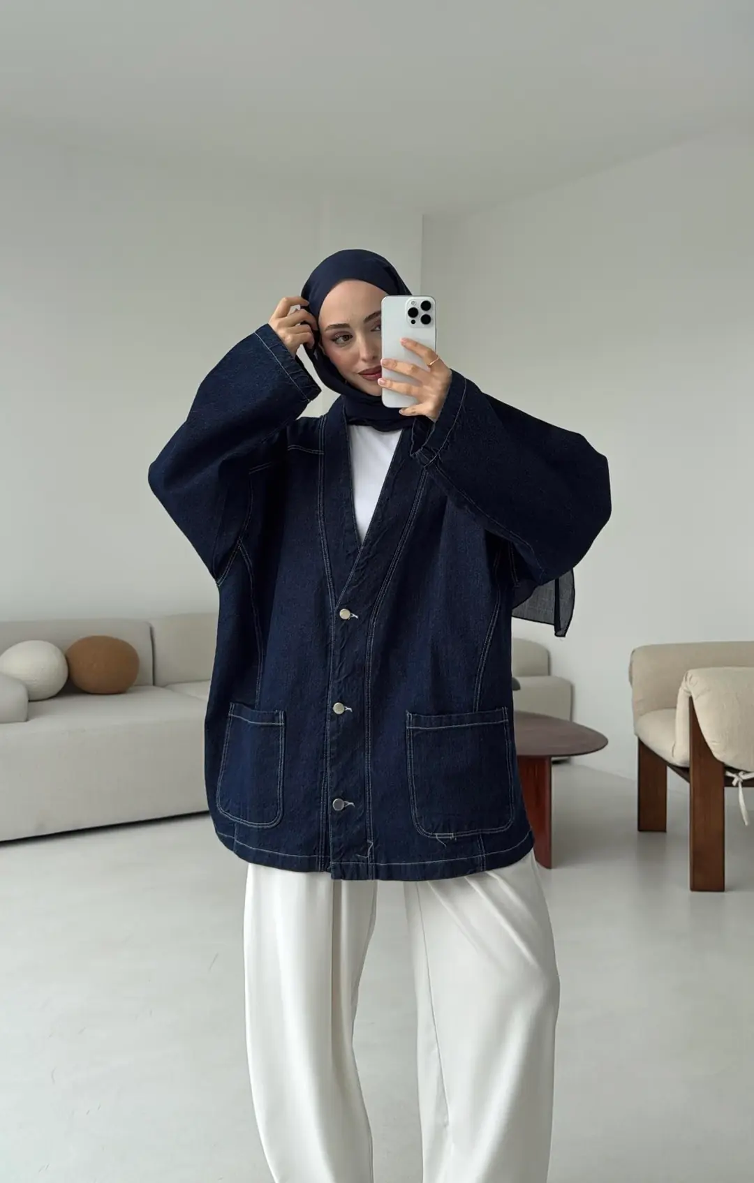 Oversize Wide Denim Ceket Lacivert - Görsel 4