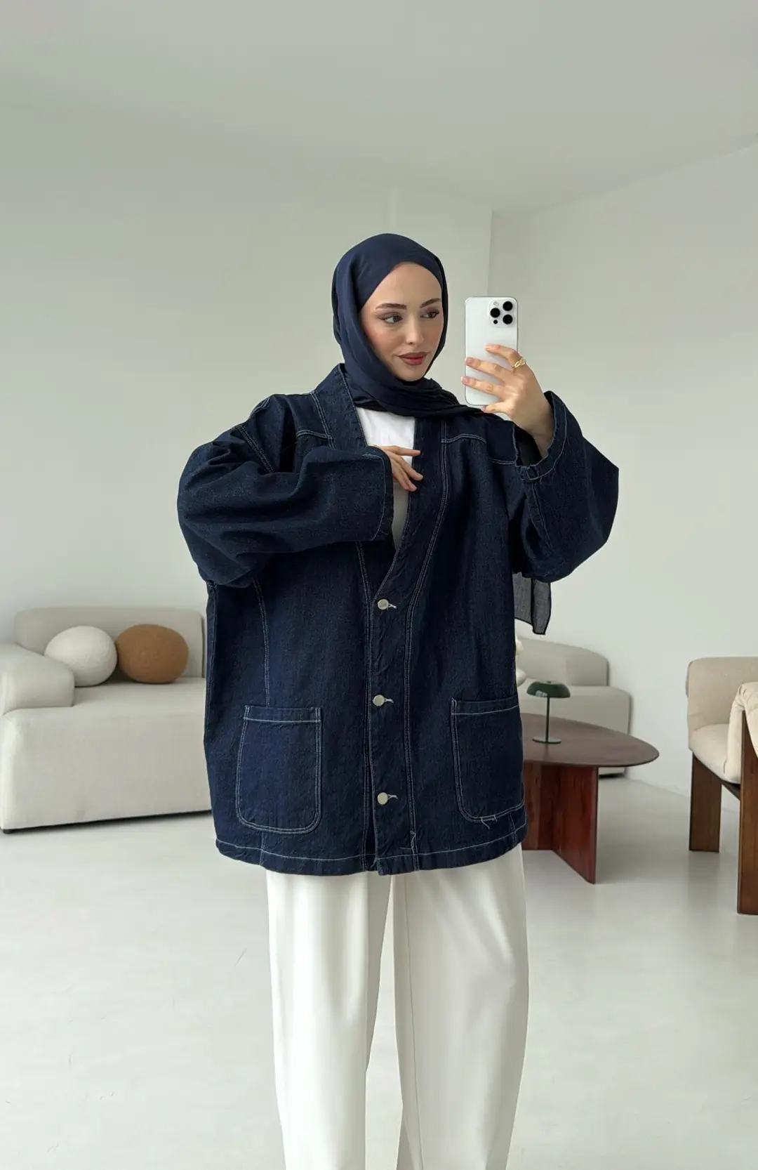 Oversize Wide Denim Ceket Lacivert - Görsel 8