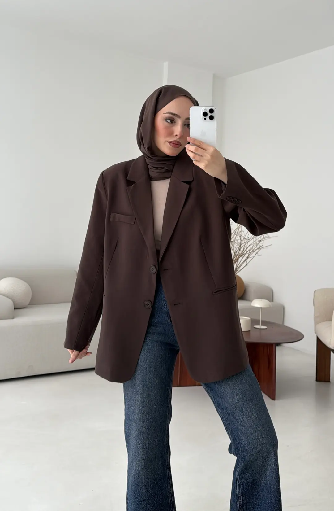 Oversize Yırtmaç Detay Ceket Kahve - Görsel 5