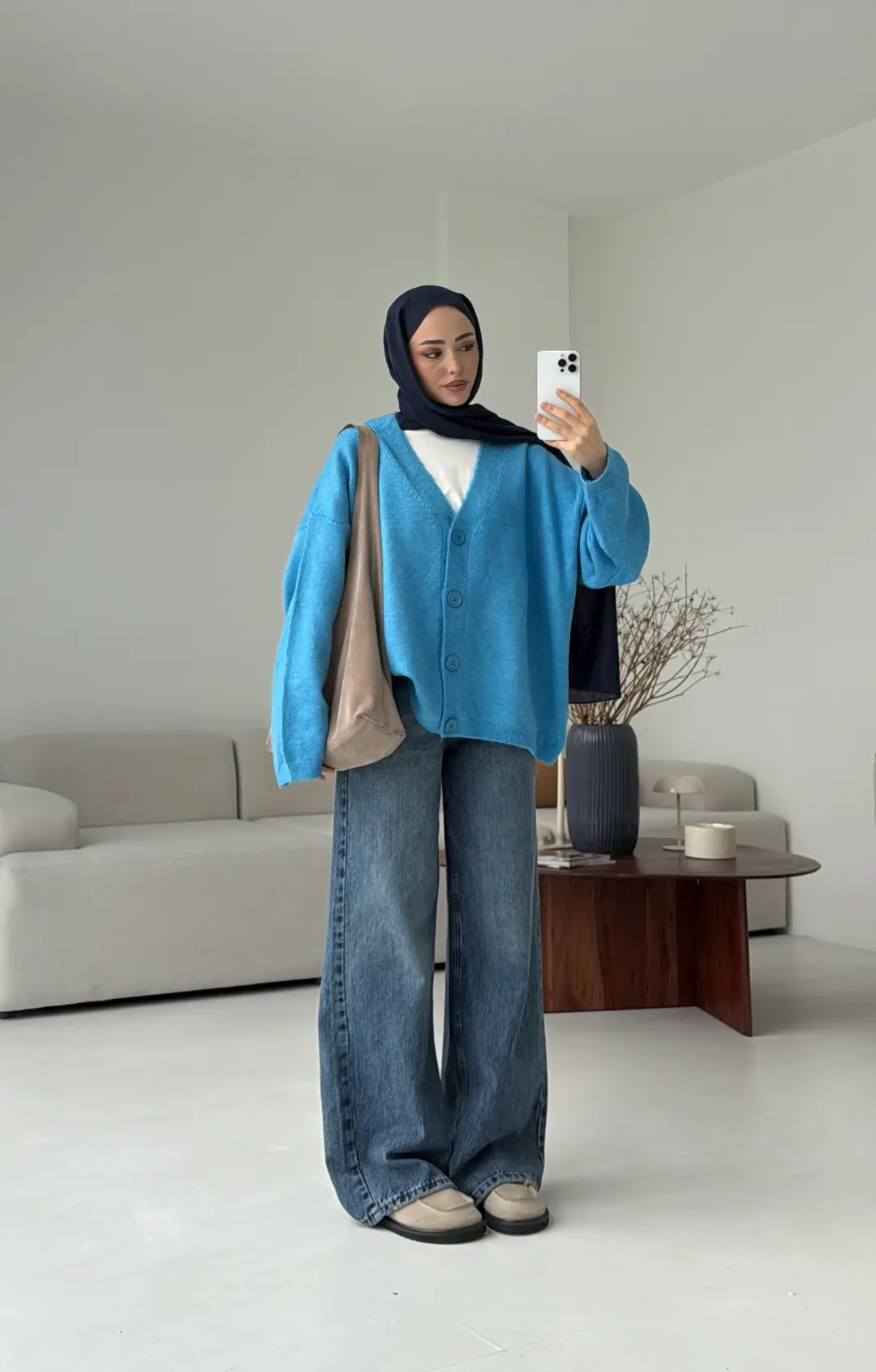 Oversize Yünlü Kazak Mavi - Görsel 8