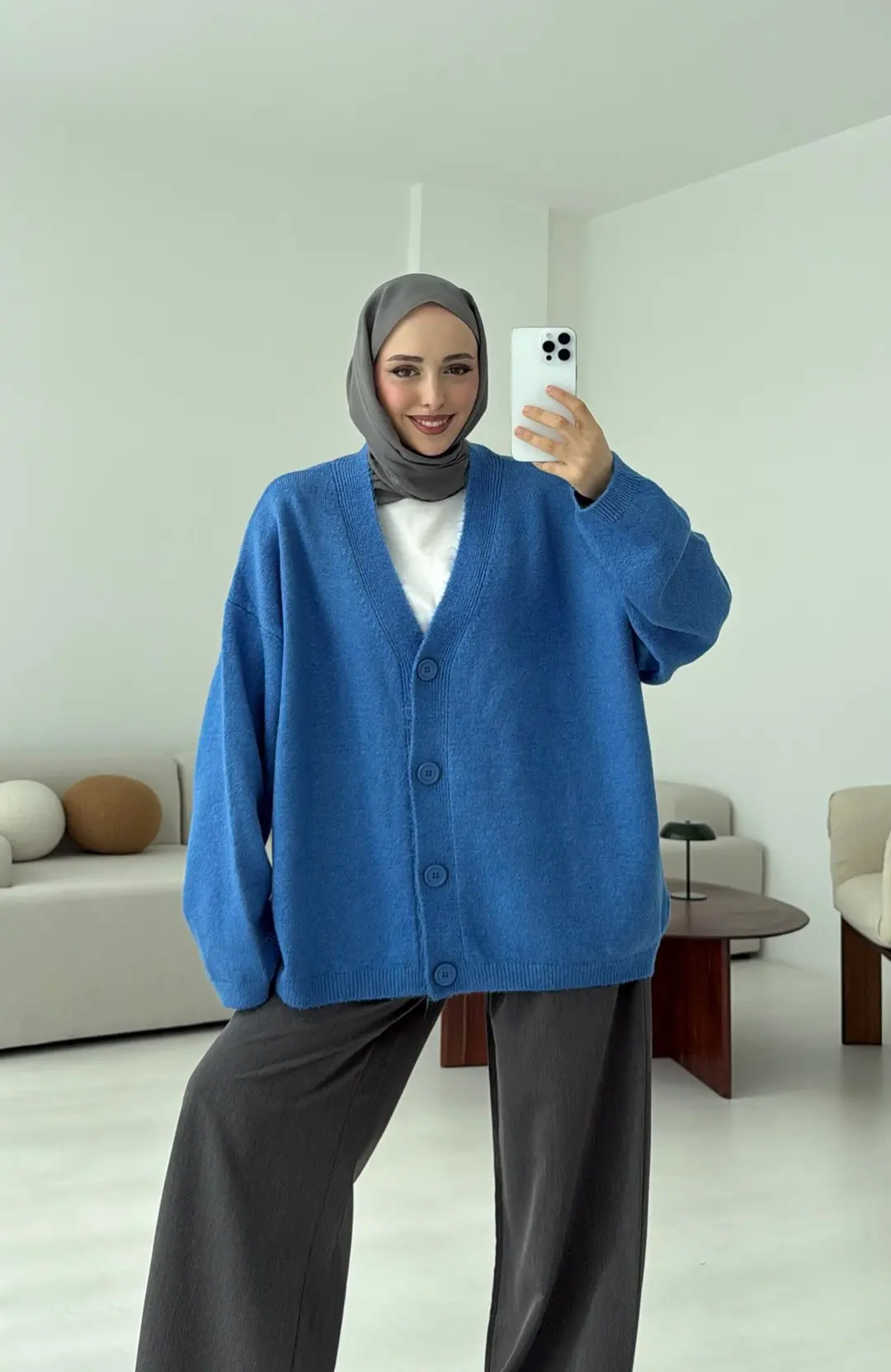 Oversize Yünlü Kazak Mavi - Görsel 6