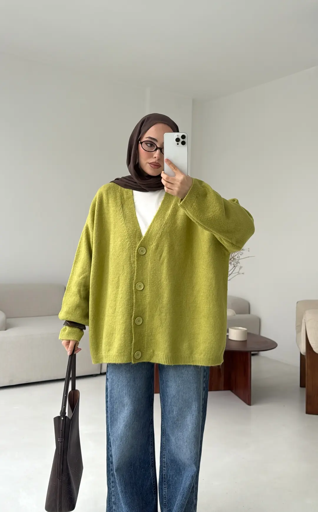 Oversize Yünlü Kazak Yağ Yeşili - Görsel 10