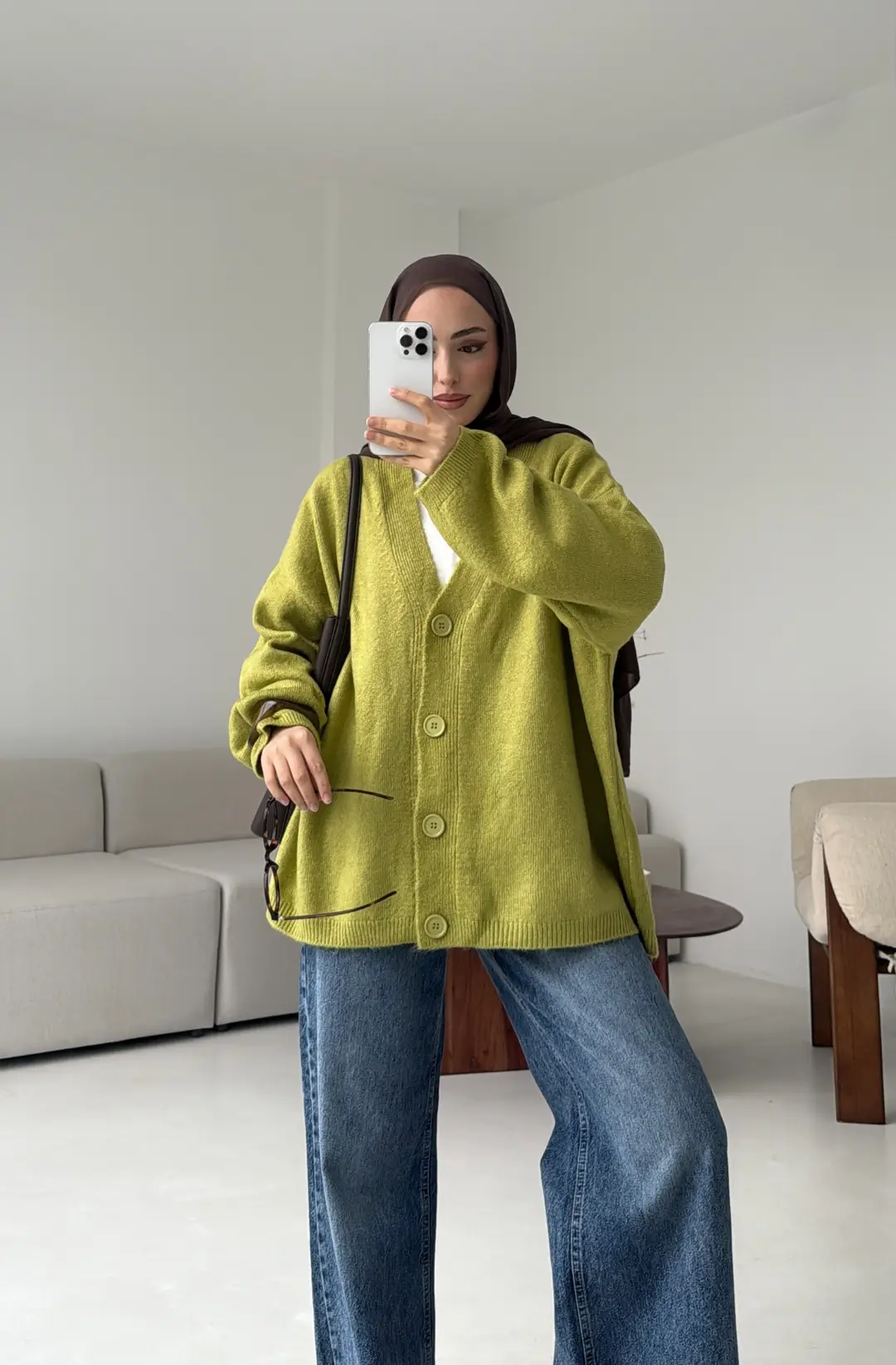 Oversize Yünlü Kazak Yağ Yeşili - Görsel 4