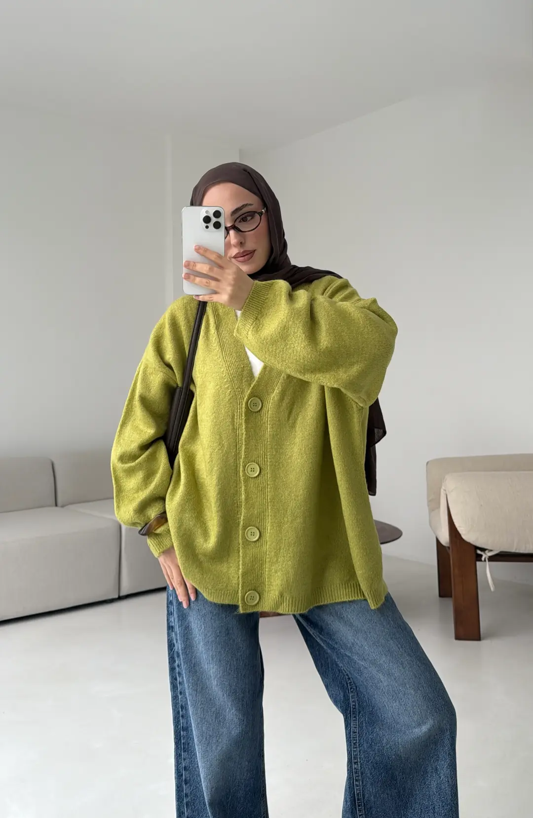 Oversize Yünlü Kazak Yağ Yeşili - Görsel 5