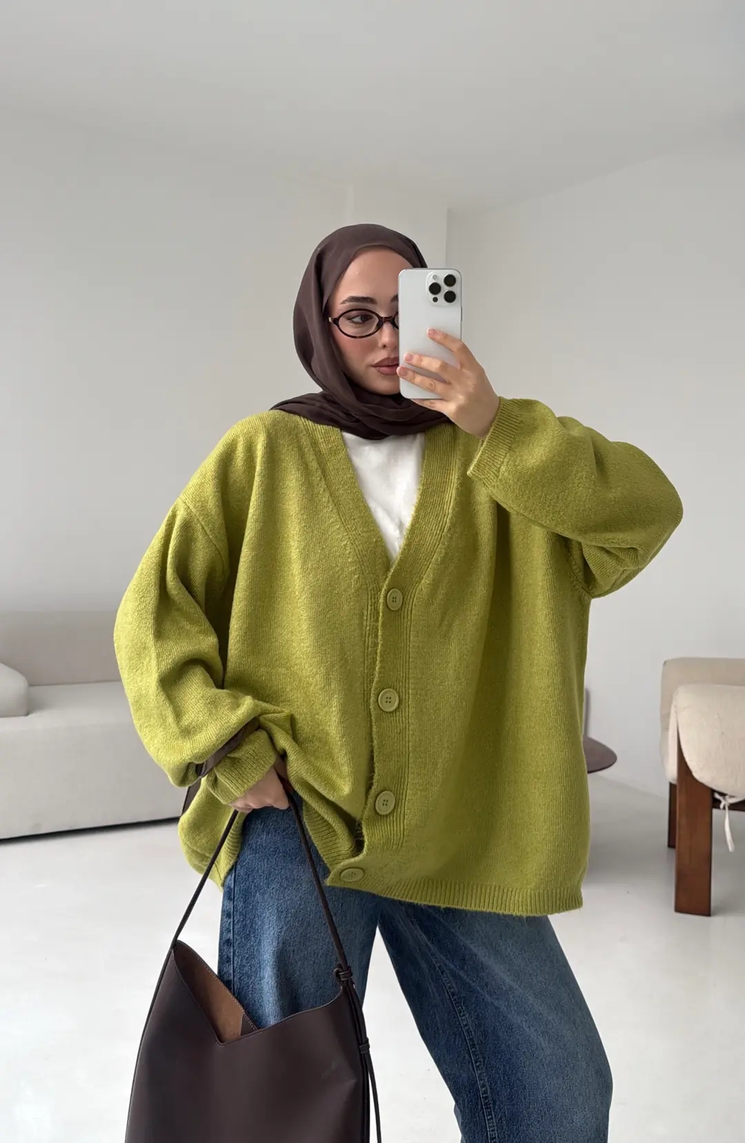 Oversize Yünlü Kazak Yağ Yeşili - Görsel 7