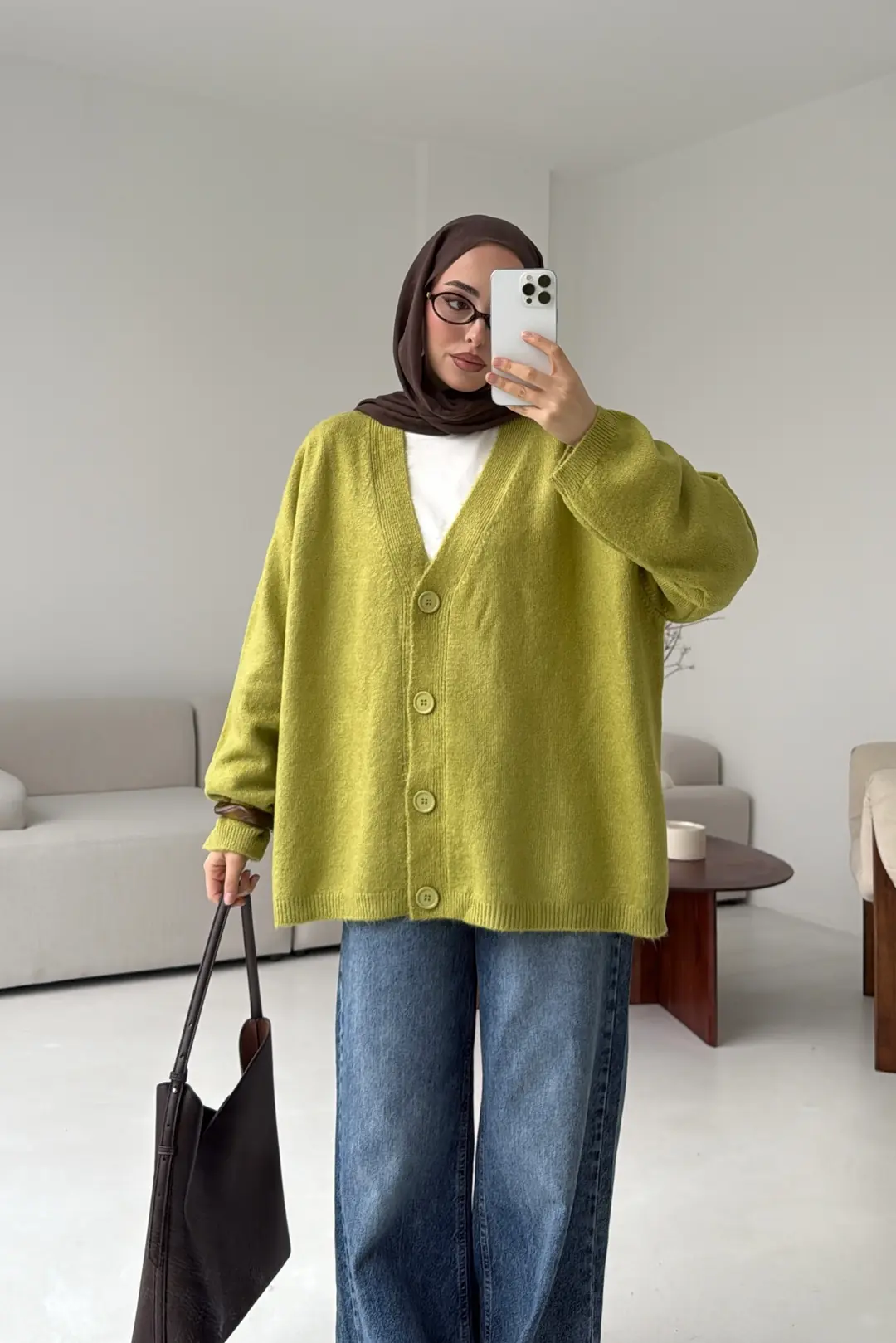 Oversize Yünlü Kazak Yağ Yeşili - Görsel 8