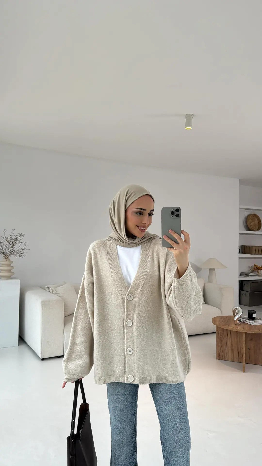 Oversize Yünlü Triko Hırka Taş