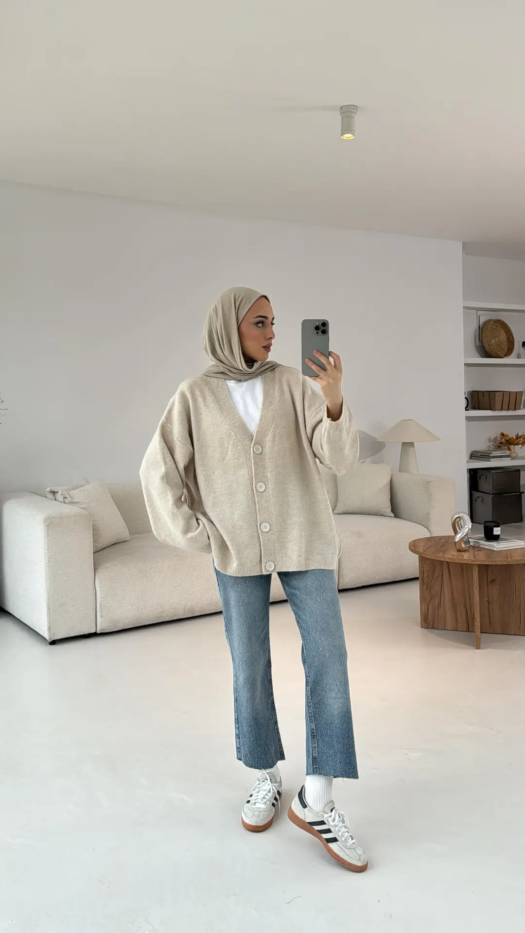 Oversize Yünlü Triko Hırka Taş - Görsel 3