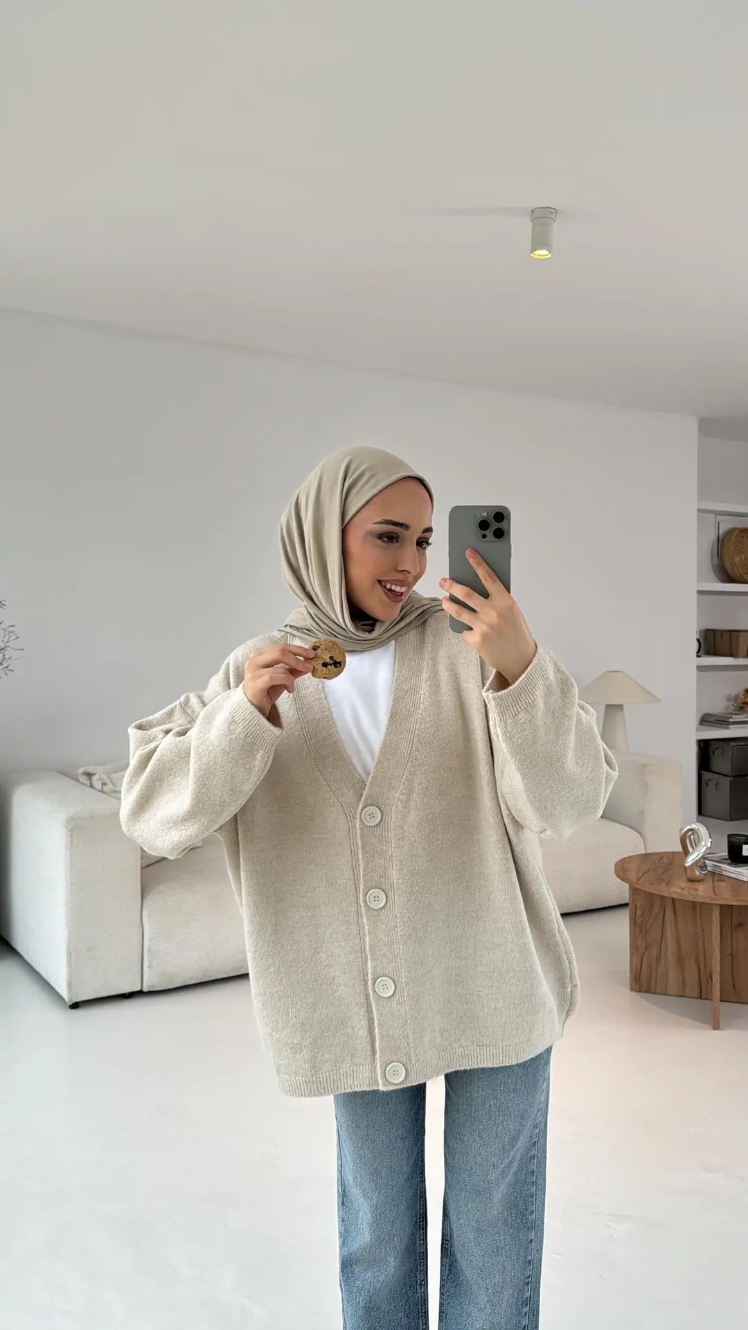 Oversize Yünlü Triko Hırka Taş - Görsel 4