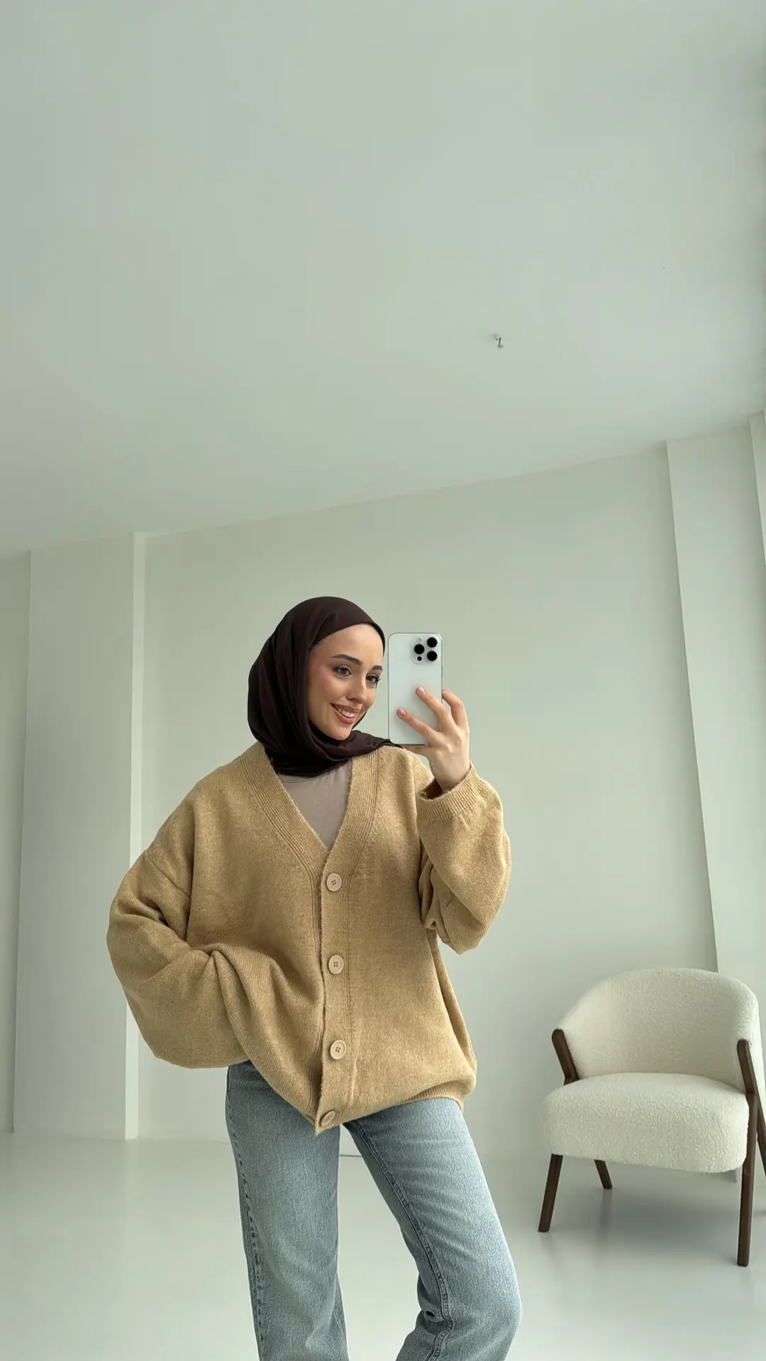 Oversize Yünlü Triko Hırka Vizon