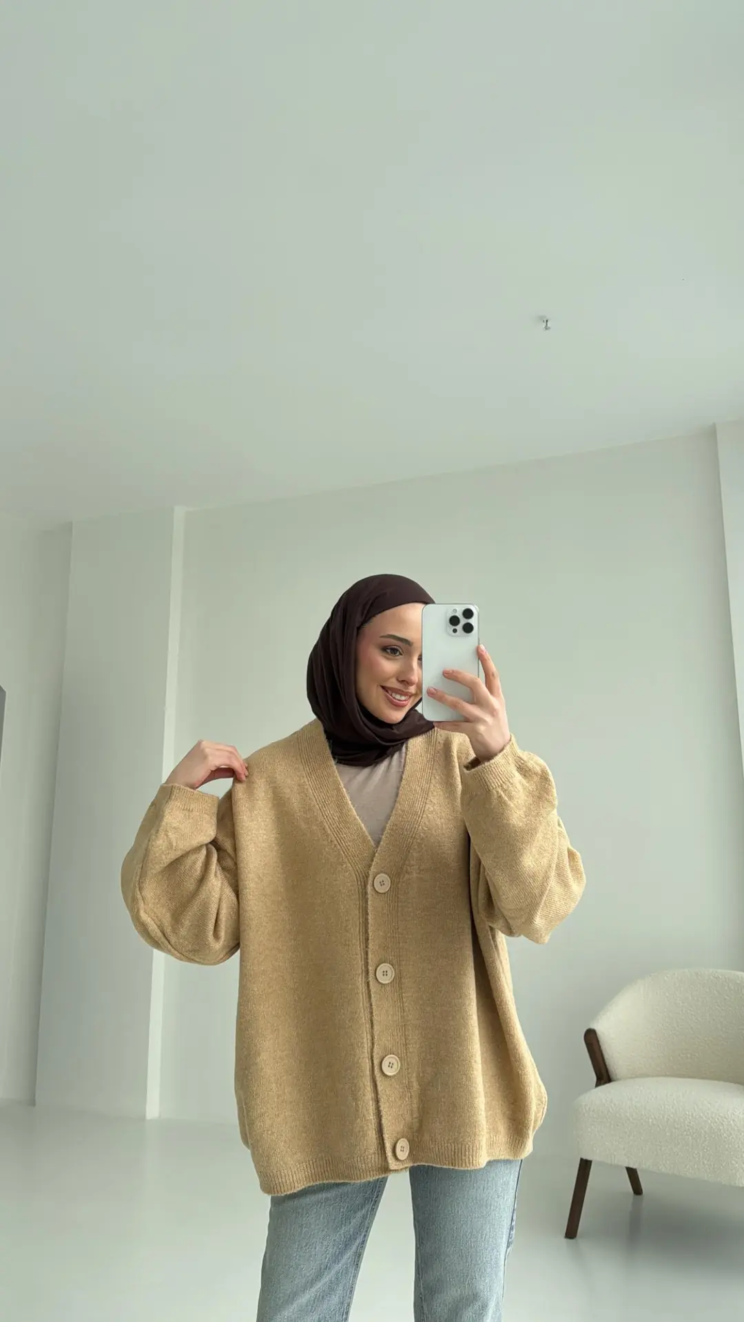 Oversize Yünlü Triko Hırka Vizon - Görsel 3