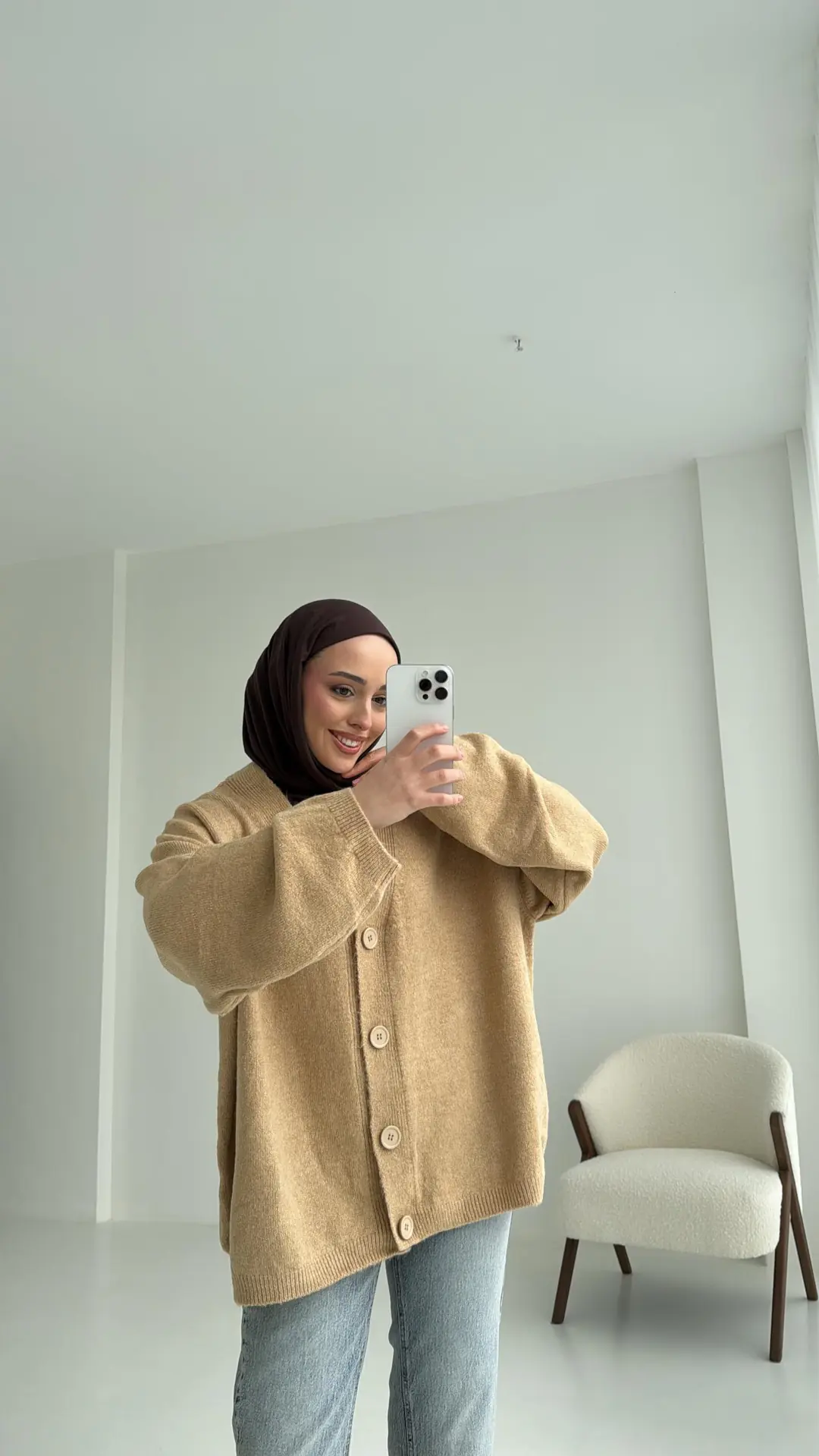 Oversize Yünlü Triko Hırka Vizon - Görsel 4