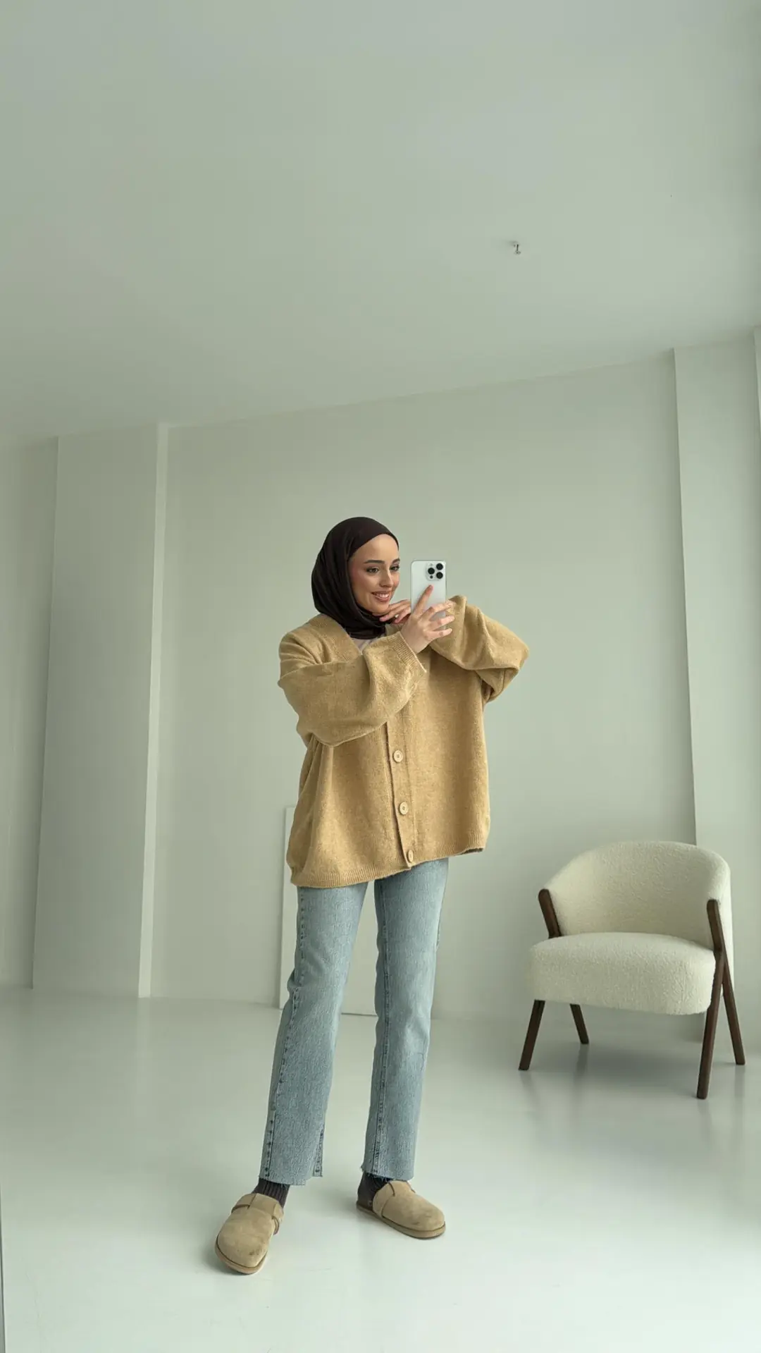 Oversize Yünlü Triko Hırka Vizon - Görsel 6