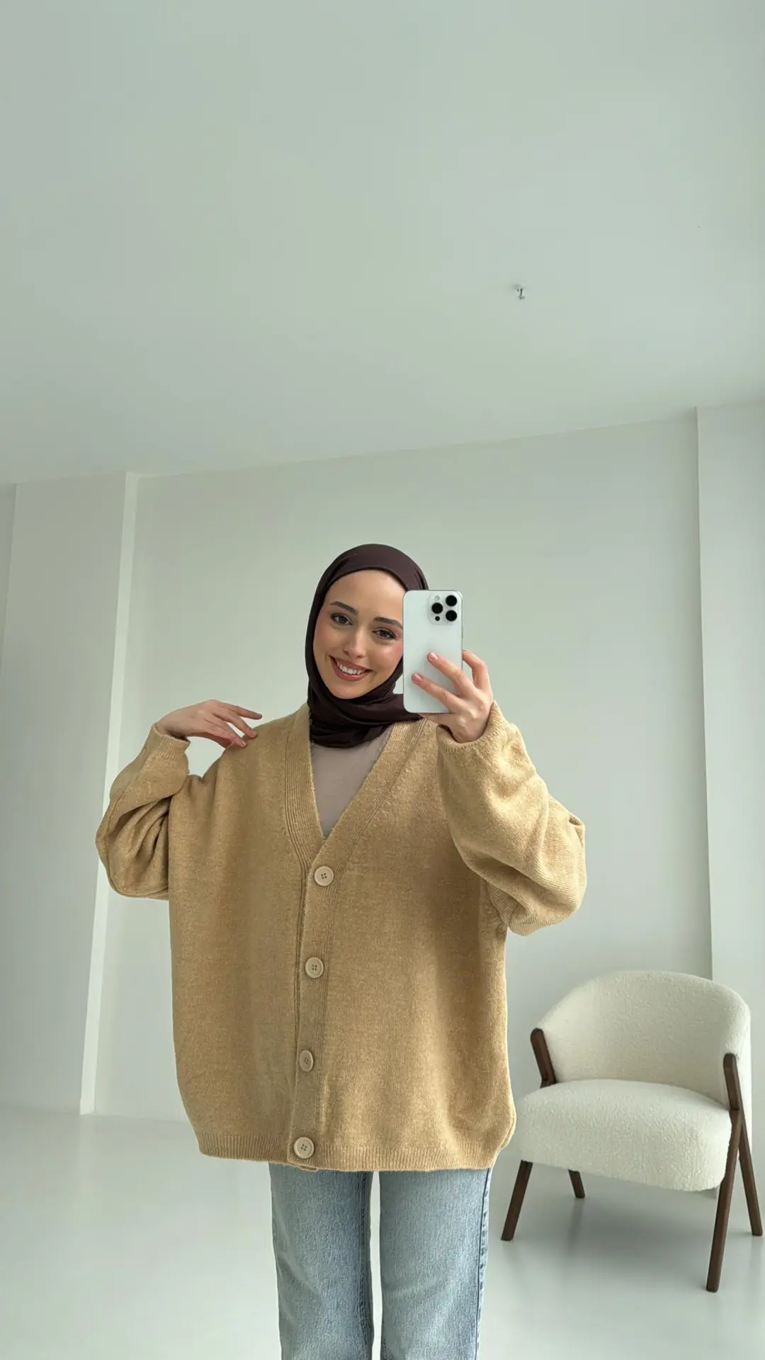 Oversize Yünlü Triko Hırka Vizon - Görsel 7