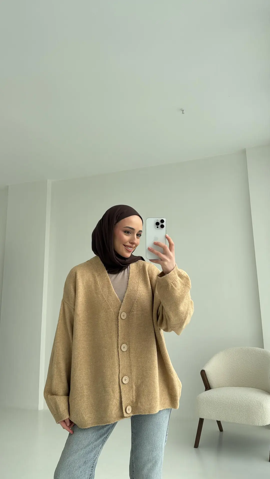 Oversize Yünlü Triko Hırka Vizon - Görsel 8