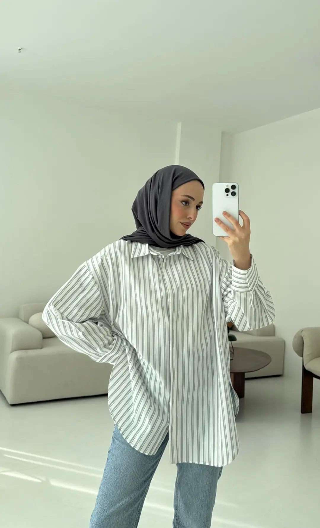 Oxford Çizgili Gömlek Ekru/Gri