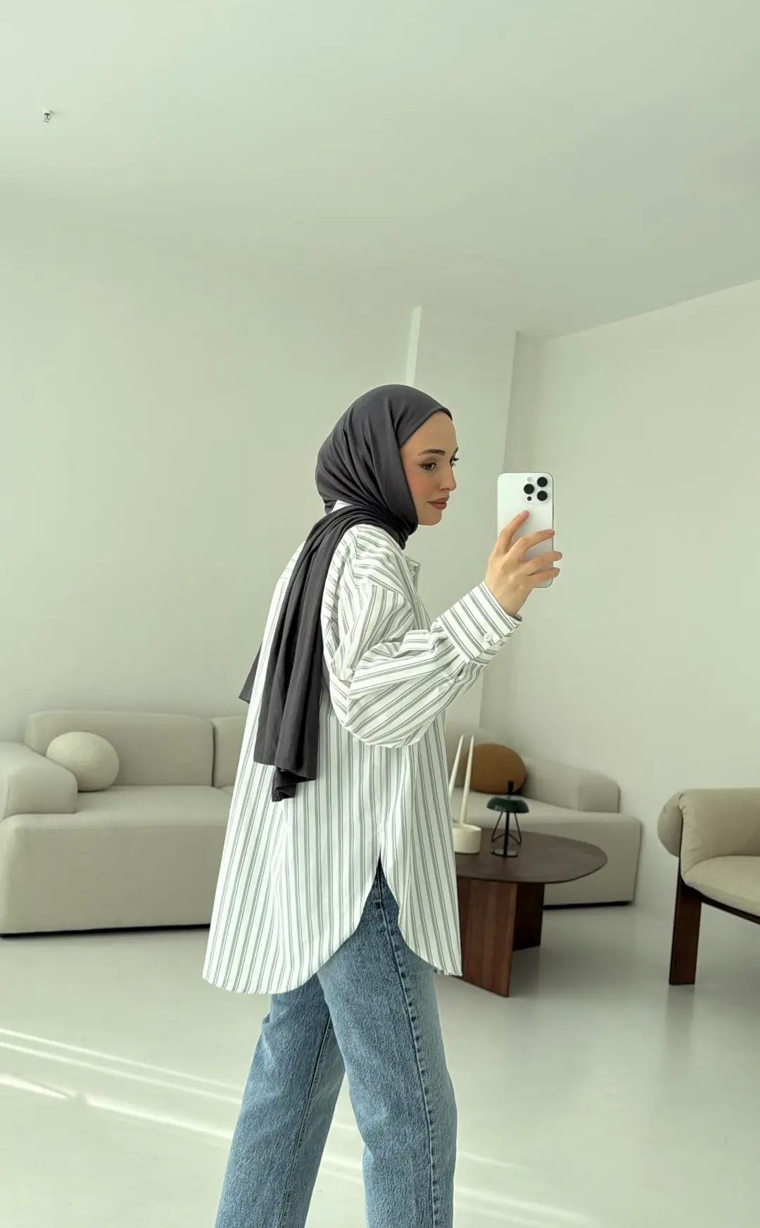 Oxford Çizgili Gömlek Ekru/Gri - Görsel 4