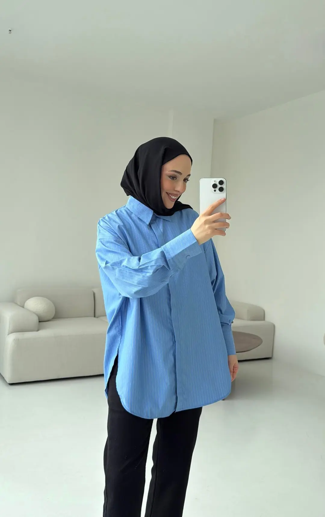 Oxford İnce Çizgili Gömlek Mavi - Görsel 3