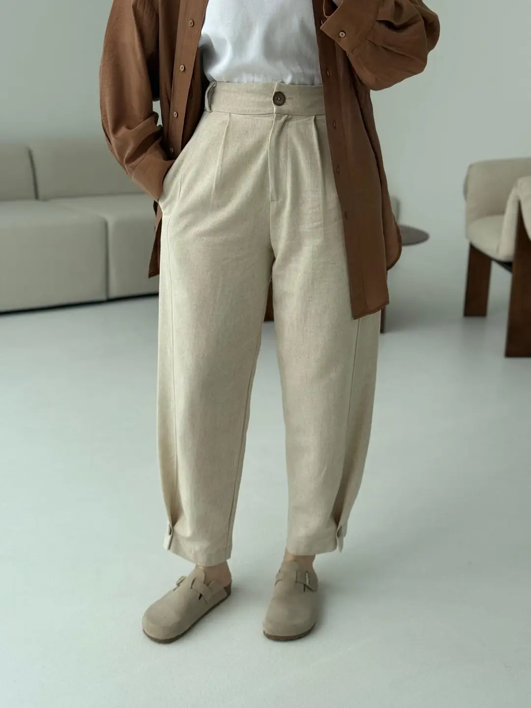 Paça Düğme Detaylı Keten Pantolon - Görsel 3