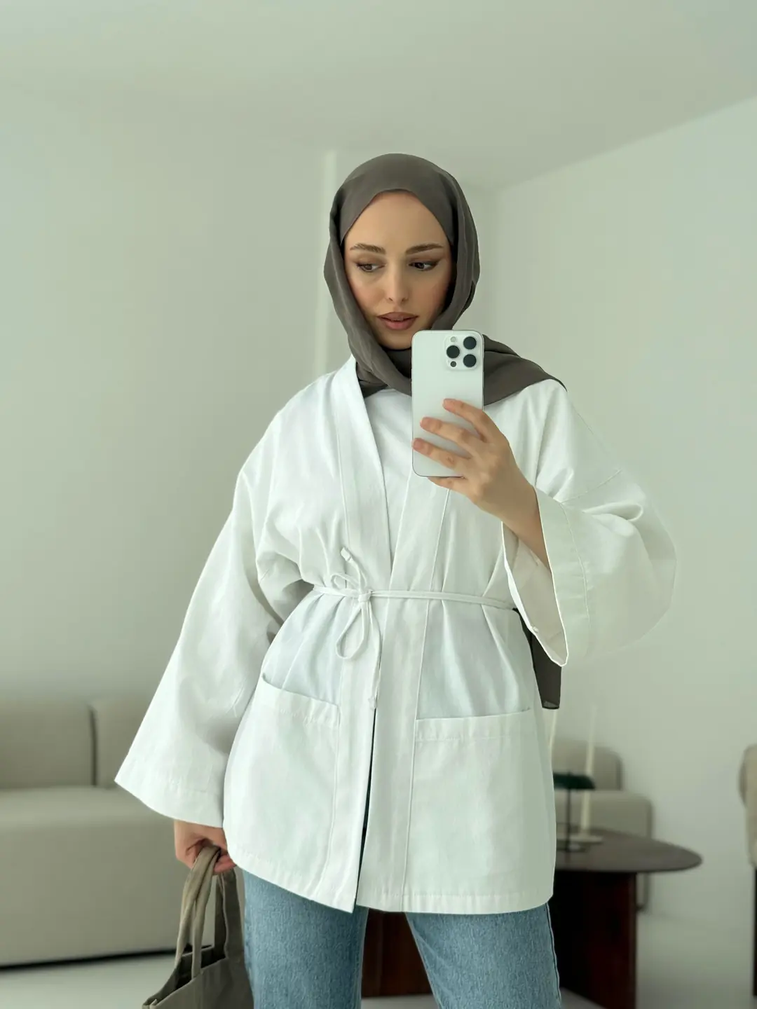 Pamuk Gabardin Kimono Beyaz