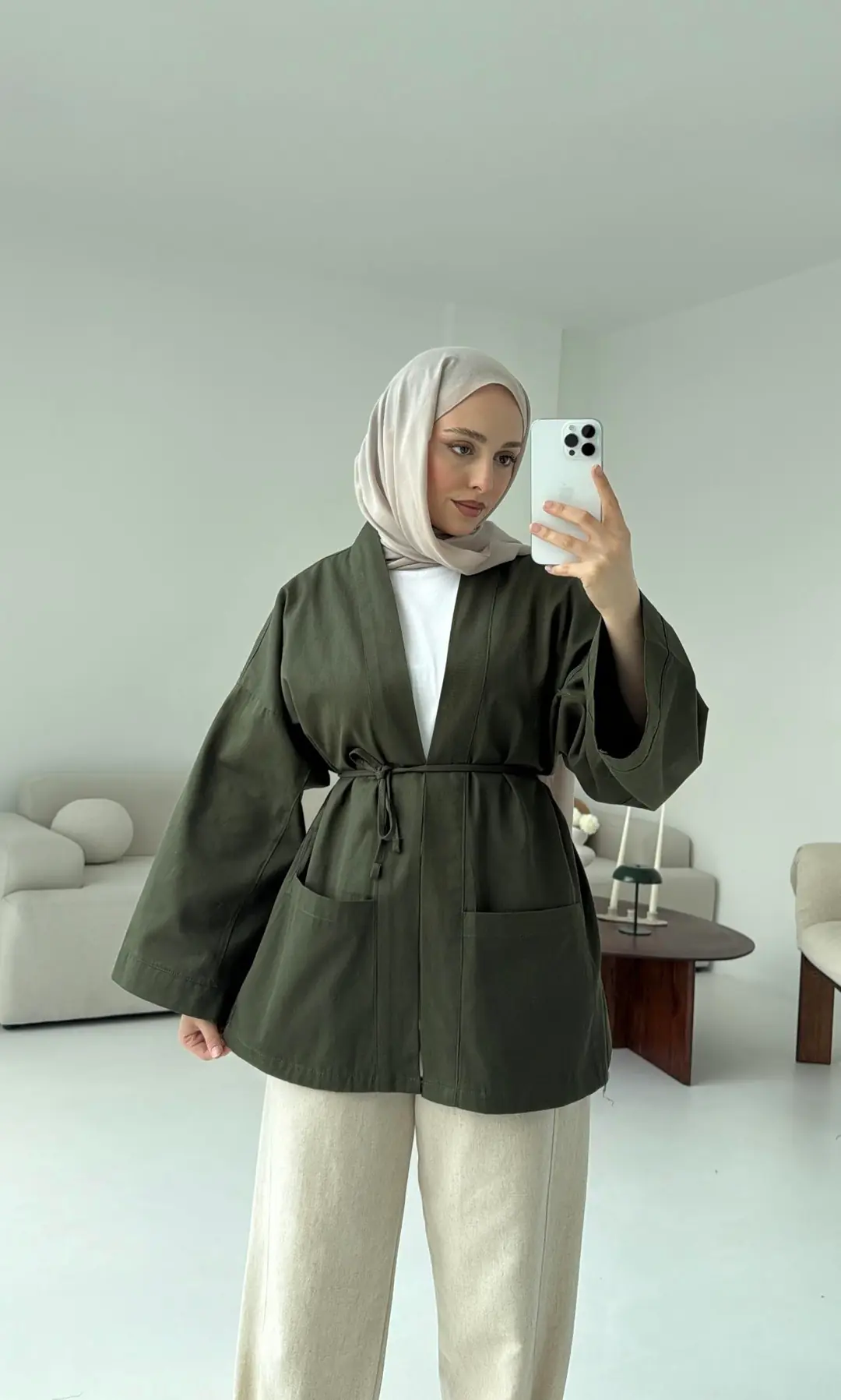 Pamuk Gabardin Kimono Haki - Görsel 4