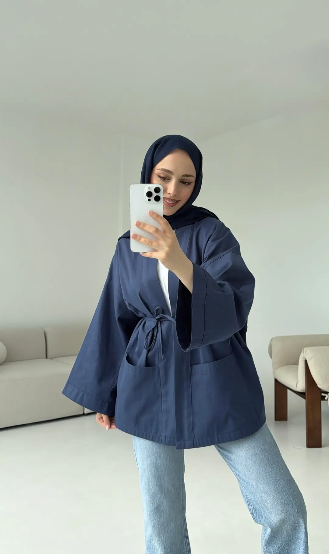 Pamuk Gabardin Kimono Lacivert - Görsel 4