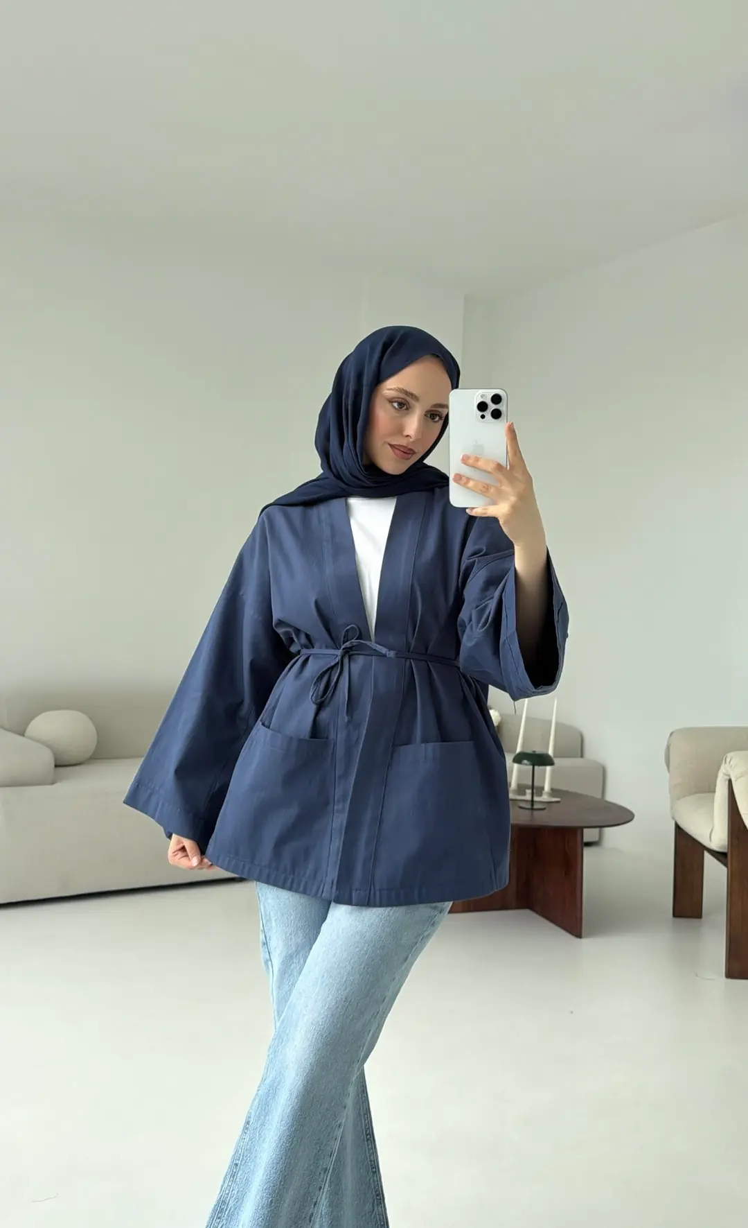 Pamuk Gabardin Kimono Lacivert - Görsel 5