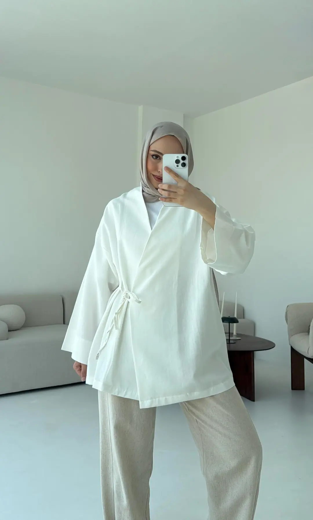 Pamuk Keten Yandan Bağlamalı Kimono Beyaz