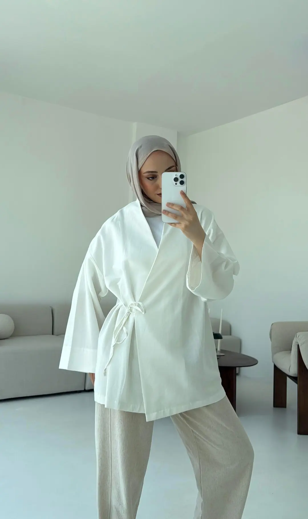 Pamuk Keten Yandan Bağlamalı Kimono Beyaz - Görsel 2