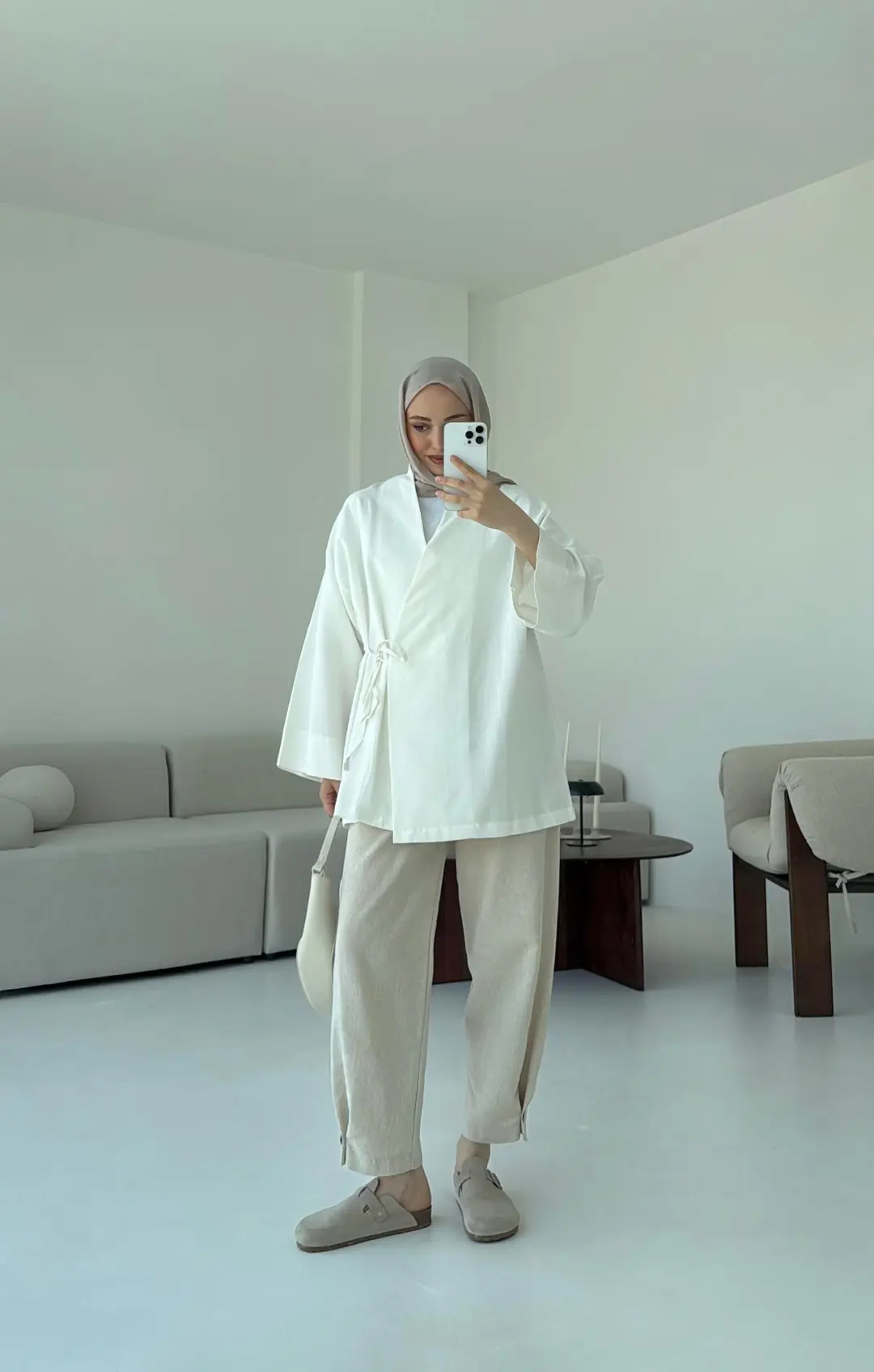 Pamuk Keten Yandan Bağlamalı Kimono Beyaz - Görsel 4