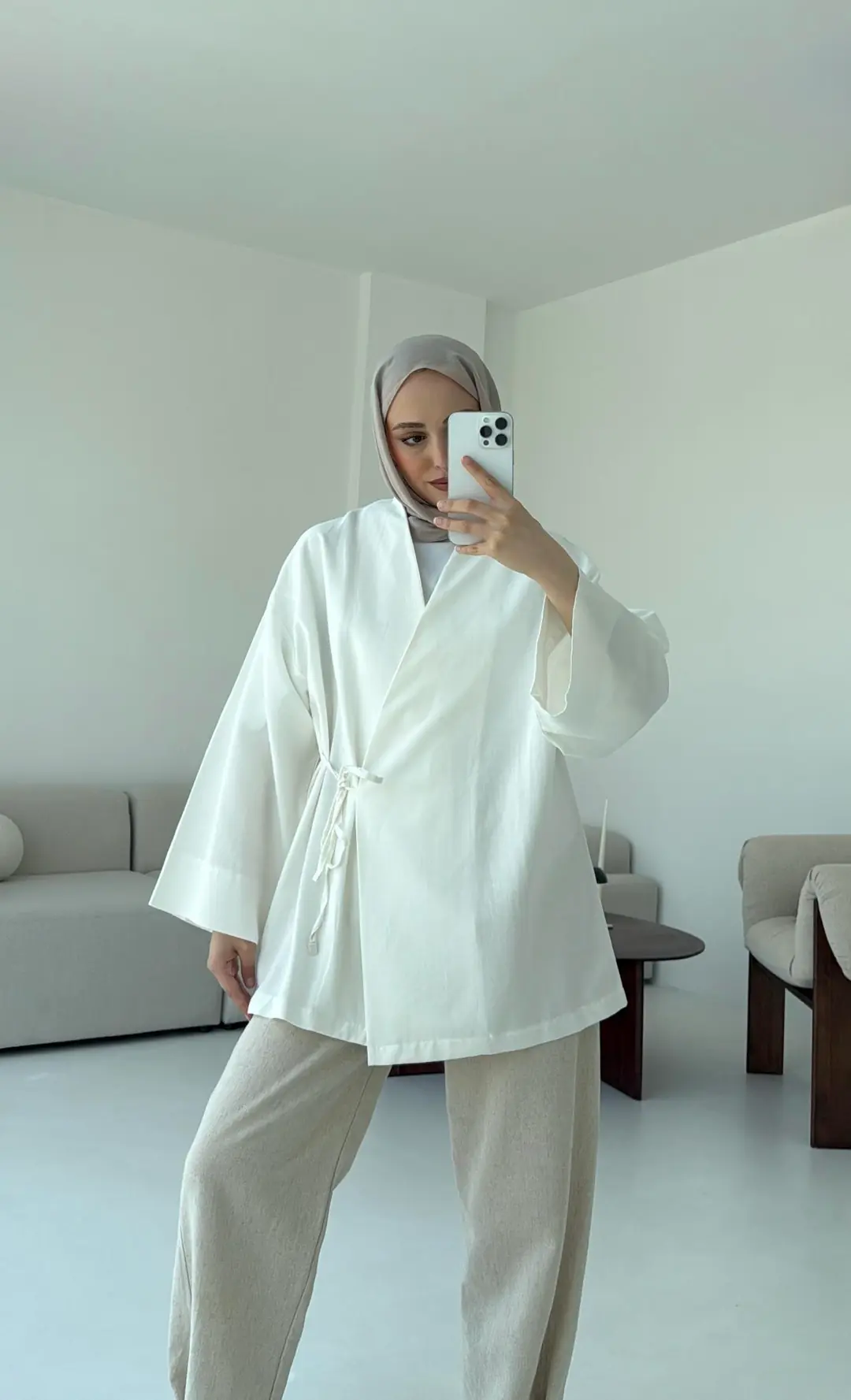 Pamuk Keten Yandan Bağlamalı Kimono Beyaz - Görsel 6