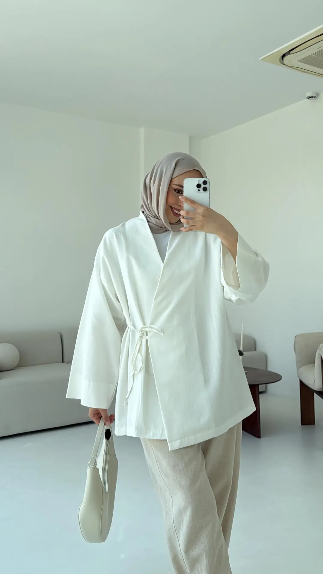 Pamuk Keten Yandan Bağlamalı Kimono Beyaz - Görsel 7