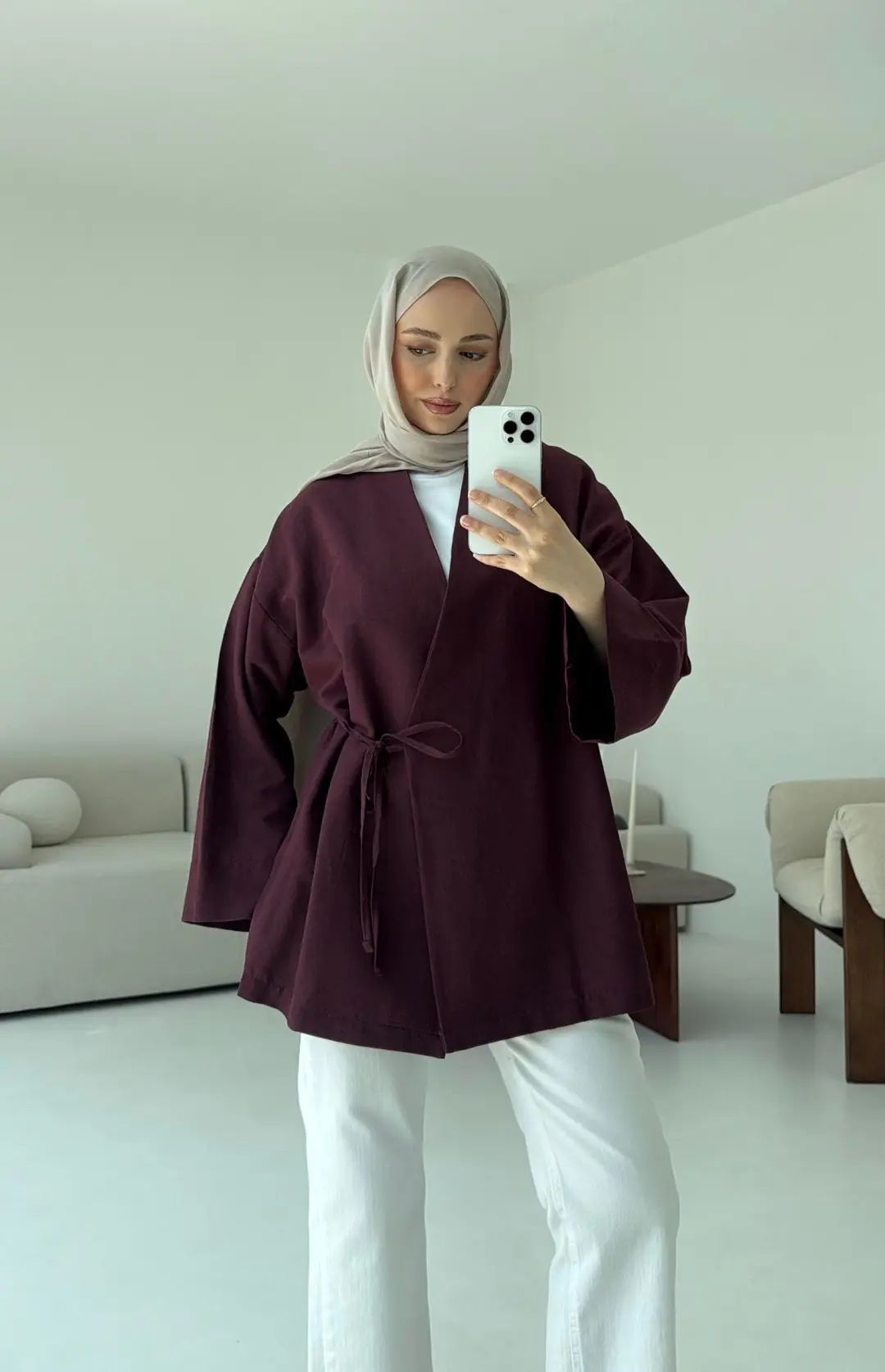 Pamuk Keten Yandan Bağlamalı Kimono Bordo