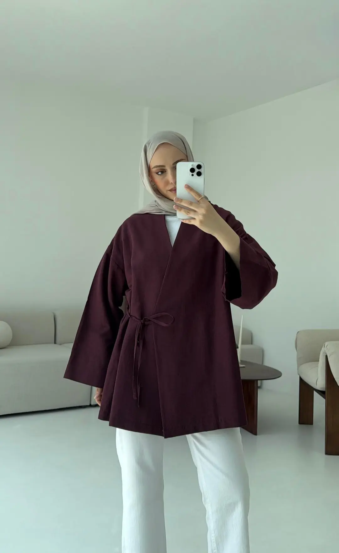 Pamuk Keten Yandan Bağlamalı Kimono Bordo - Görsel 10