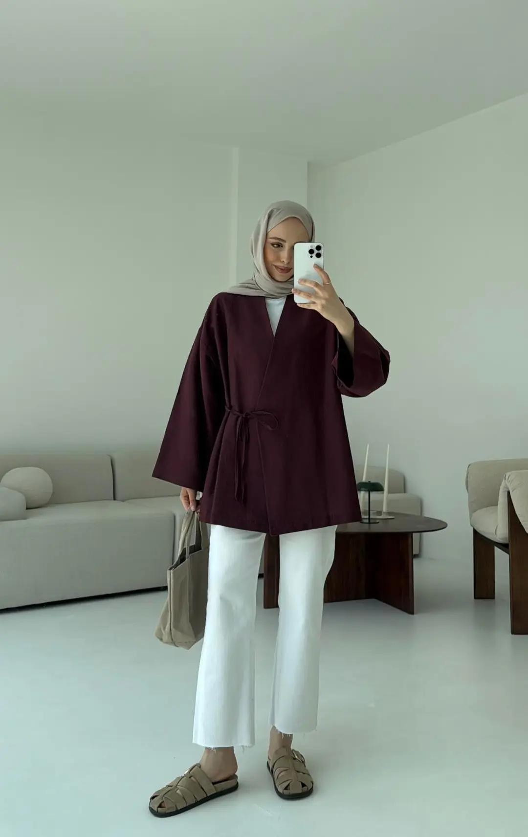 Pamuk Keten Yandan Bağlamalı Kimono Bordo - Görsel 5