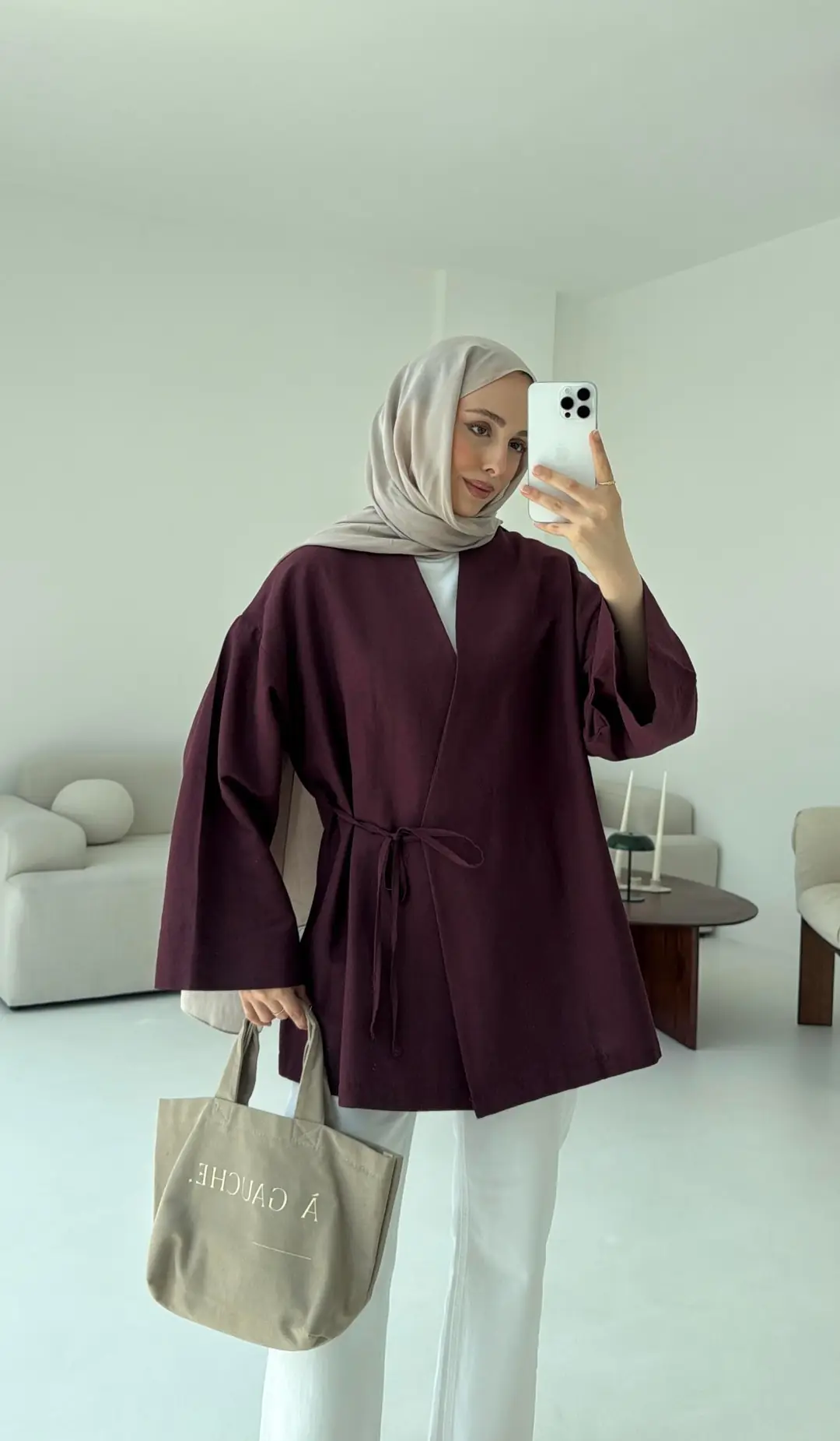 Pamuk Keten Yandan Bağlamalı Kimono Bordo - Görsel 7