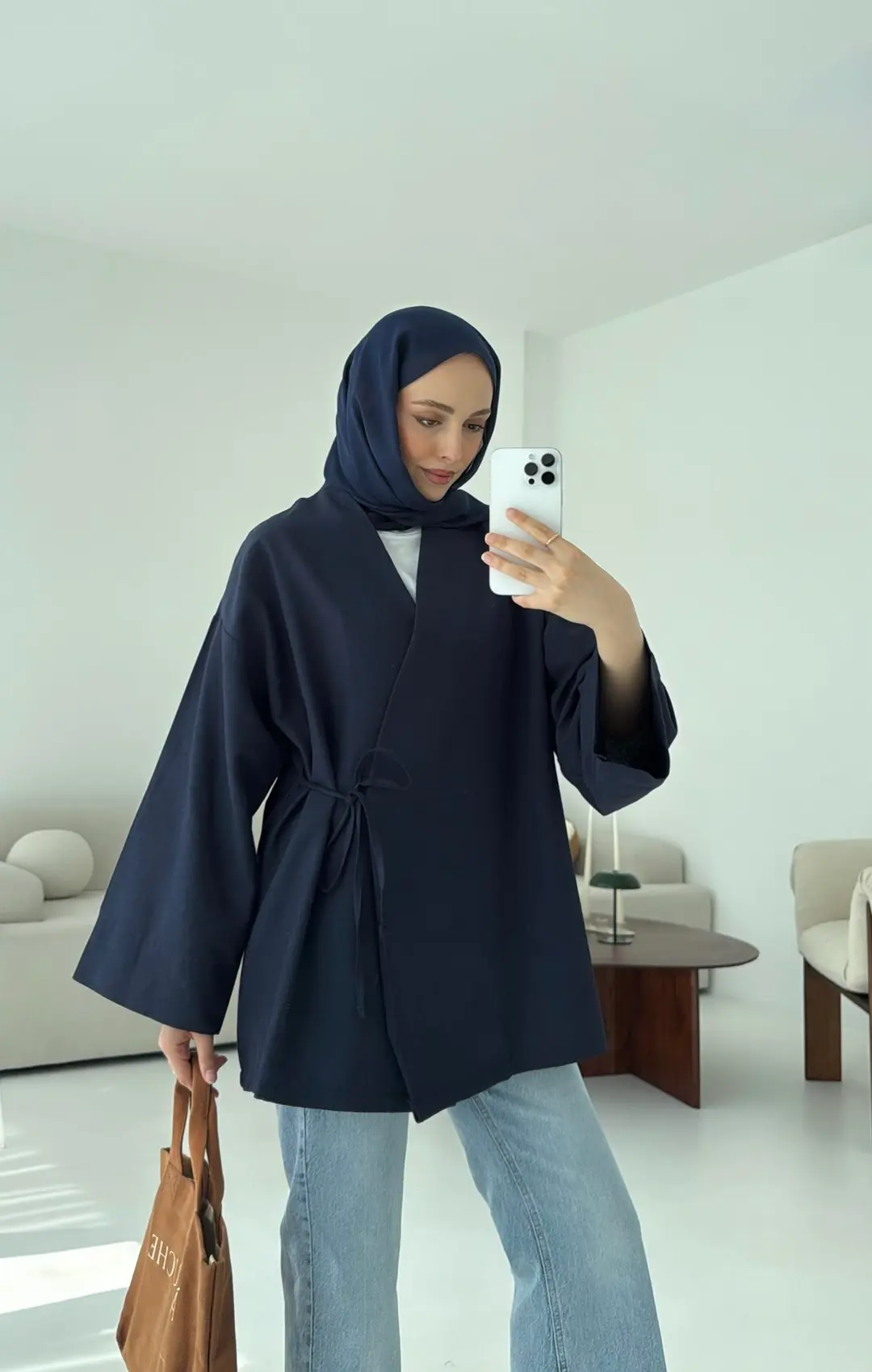 Pamuk Keten Yandan Bağlamalı Kimono Lacivert - Görsel 3