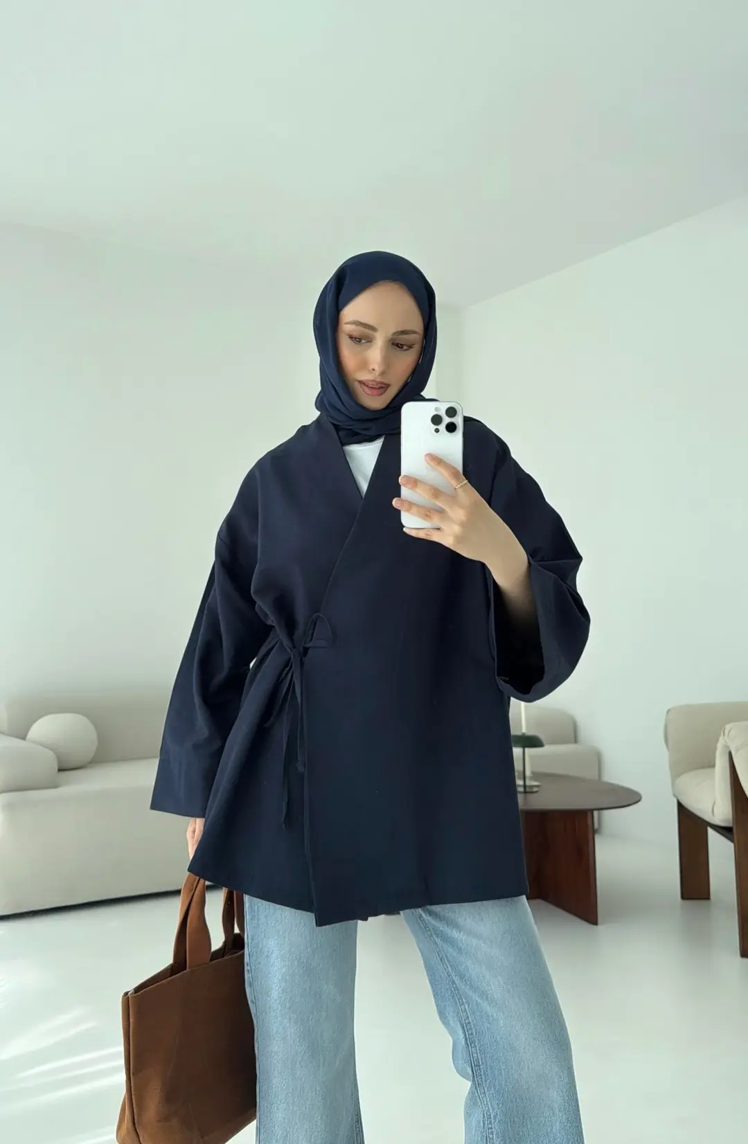 Pamuk Keten Yandan Bağlamalı Kimono Lacivert - Görsel 6