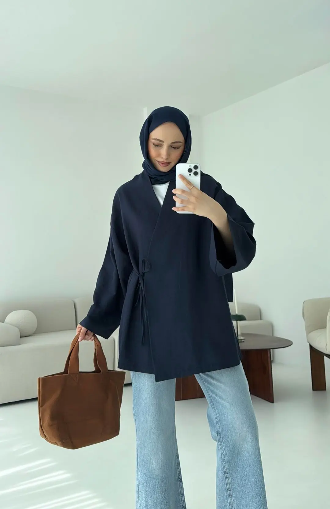 Pamuk Keten Yandan Bağlamalı Kimono Lacivert - Görsel 8