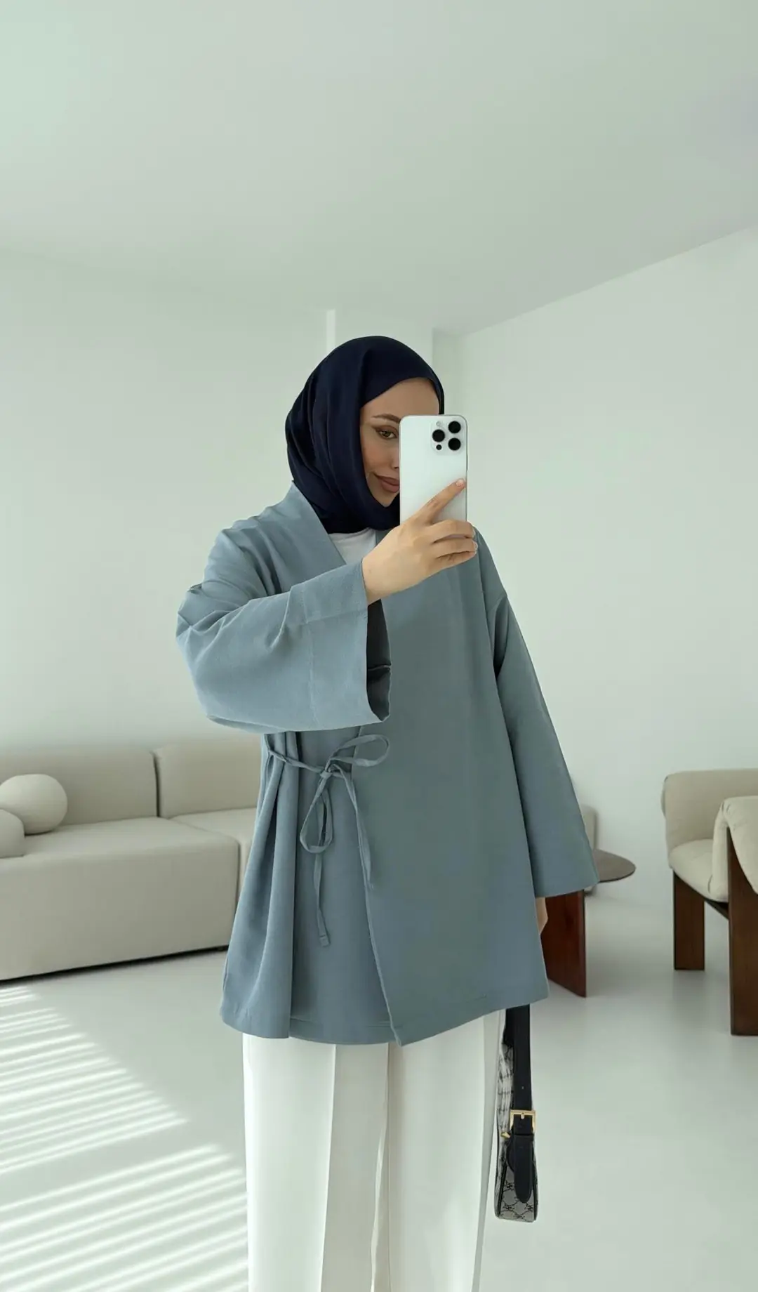 Pamuk Keten Yandan Bağlamalı Kimono Mavi