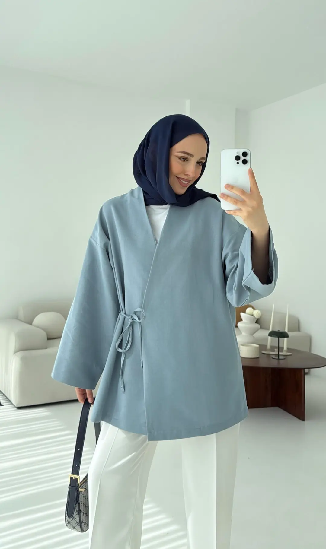 Pamuk Keten Yandan Bağlamalı Kimono Mavi - Görsel 7