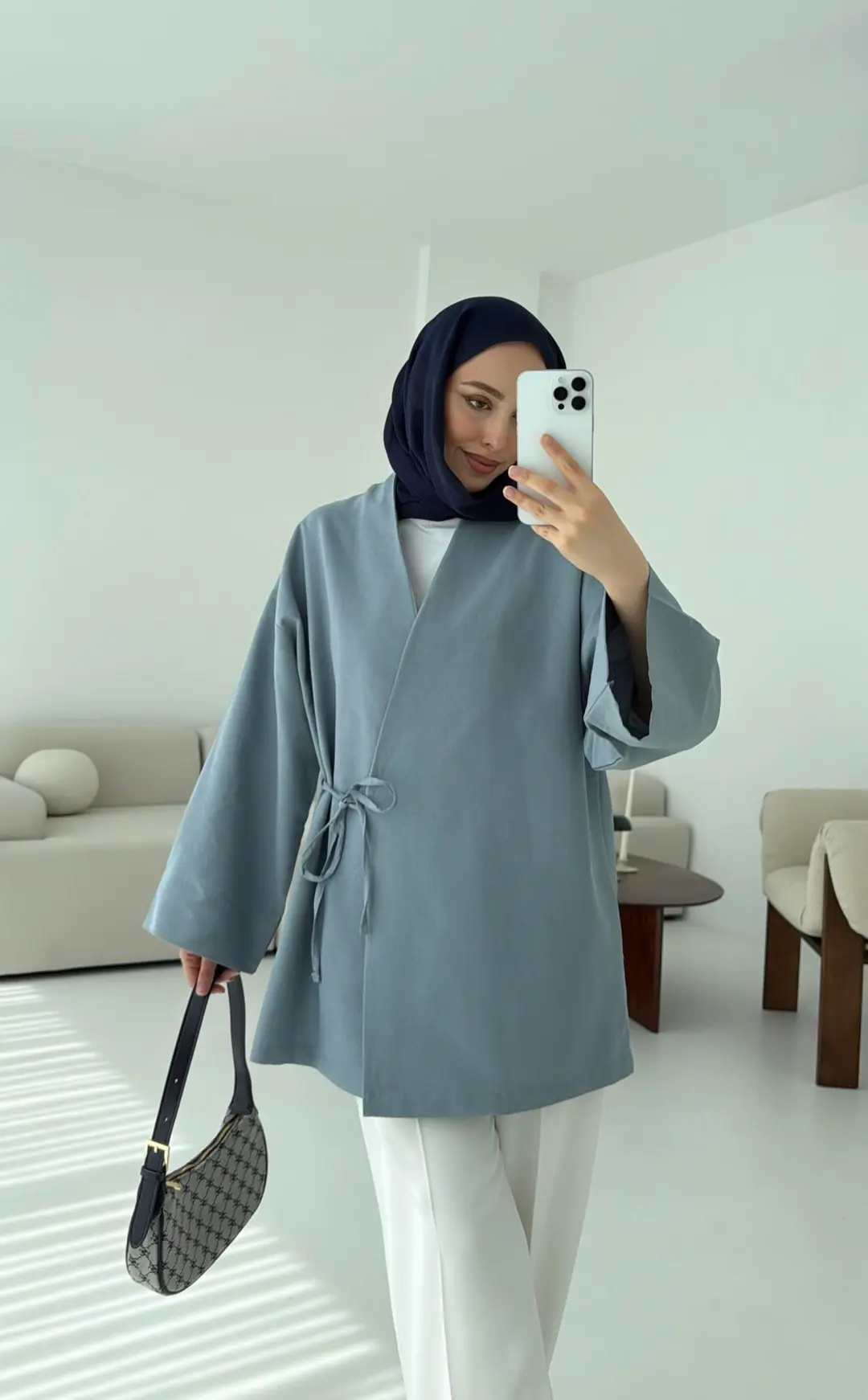 Pamuk Keten Yandan Bağlamalı Kimono Mavi - Görsel 8