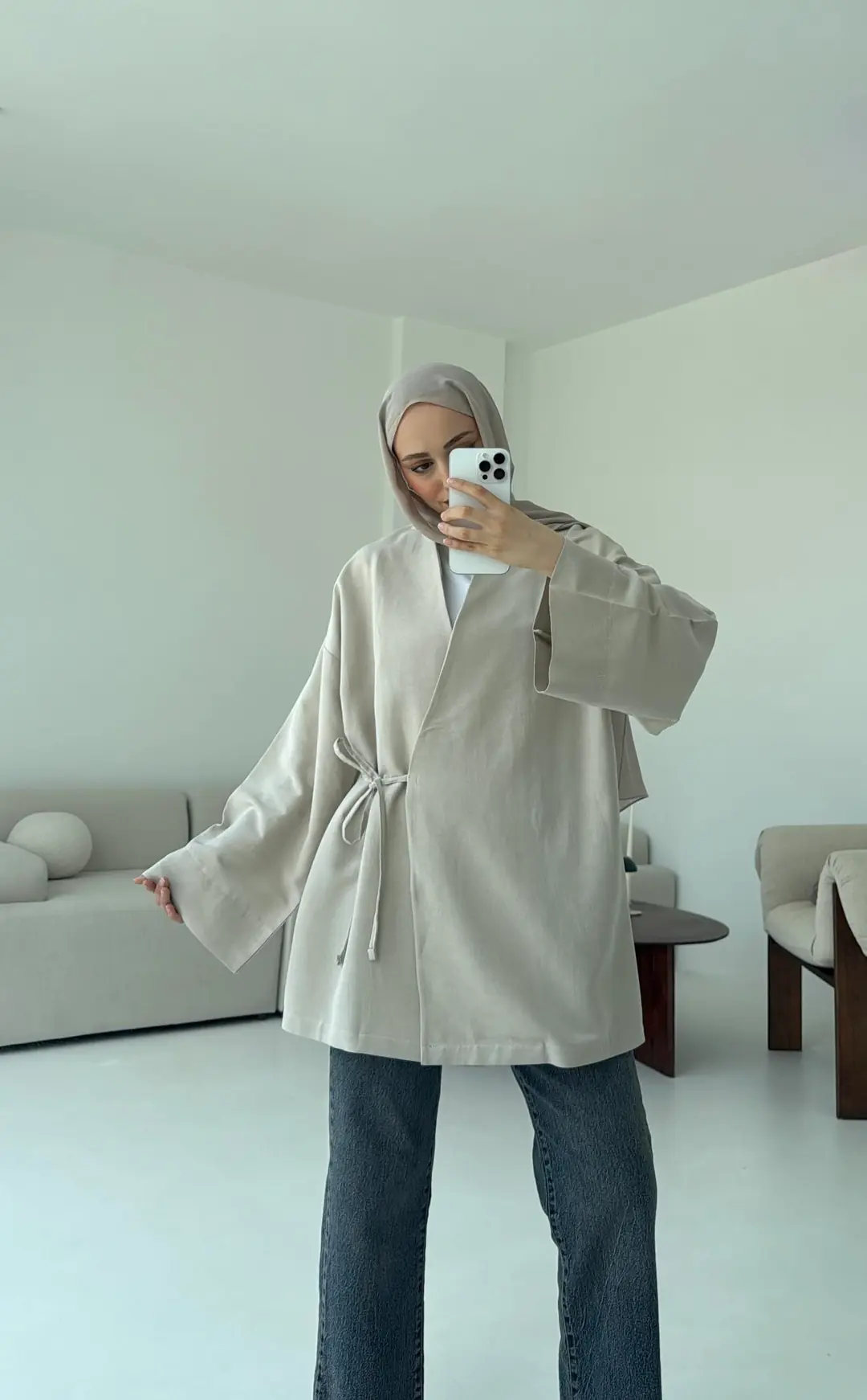 Pamuk Keten Yandan Bağlamalı Kimono Taş - Görsel 6