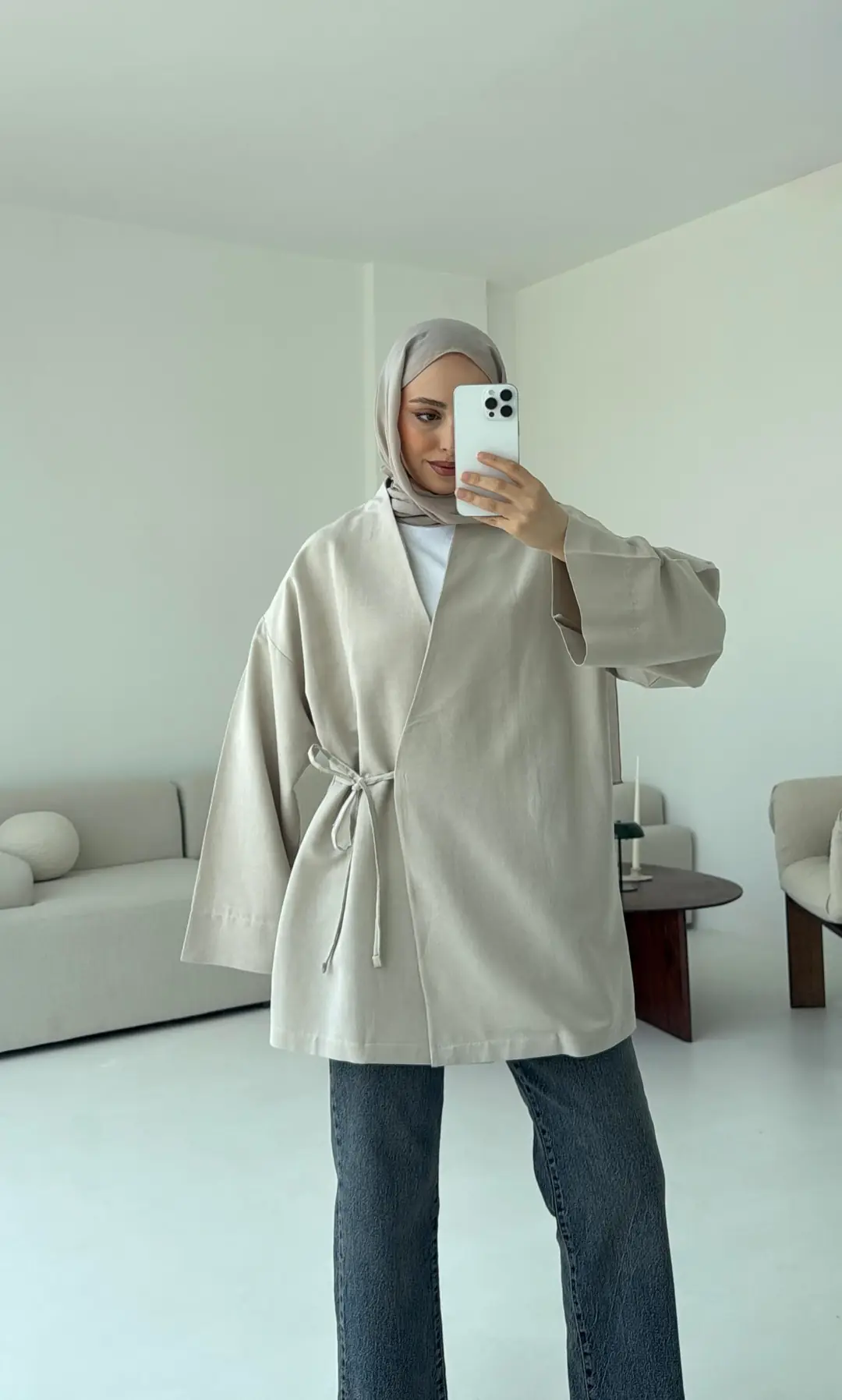 Pamuk Keten Yandan Bağlamalı Kimono Taş - Görsel 7