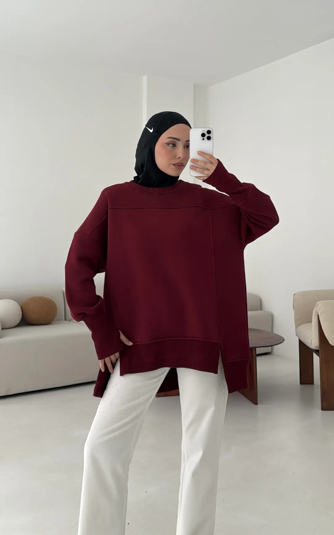 Parmak Geçmeli Asimetri Kesim Sweat Bordo